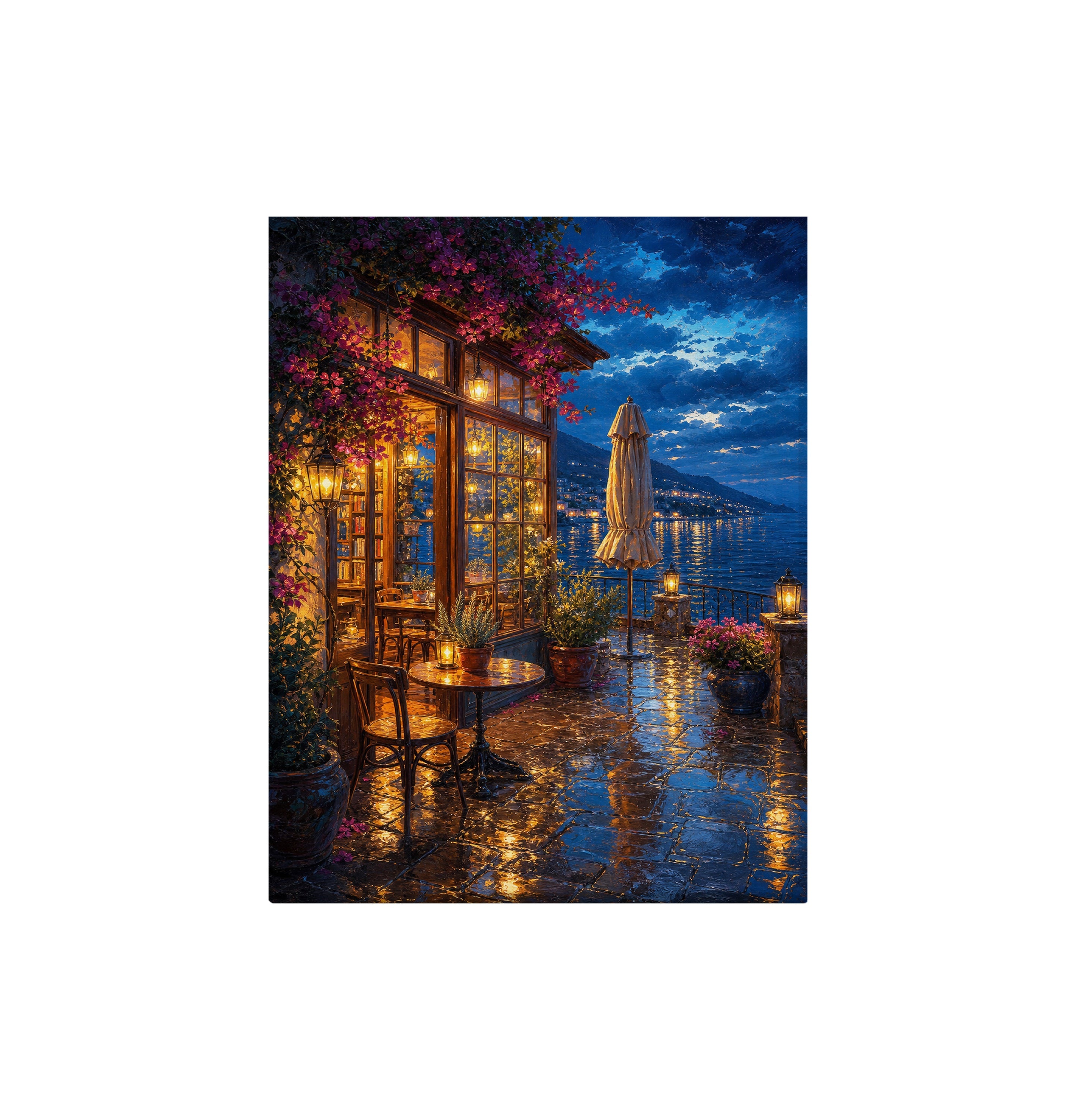 Rainy Canal Flower Cafe Night canvas wall art preview by Seji Art