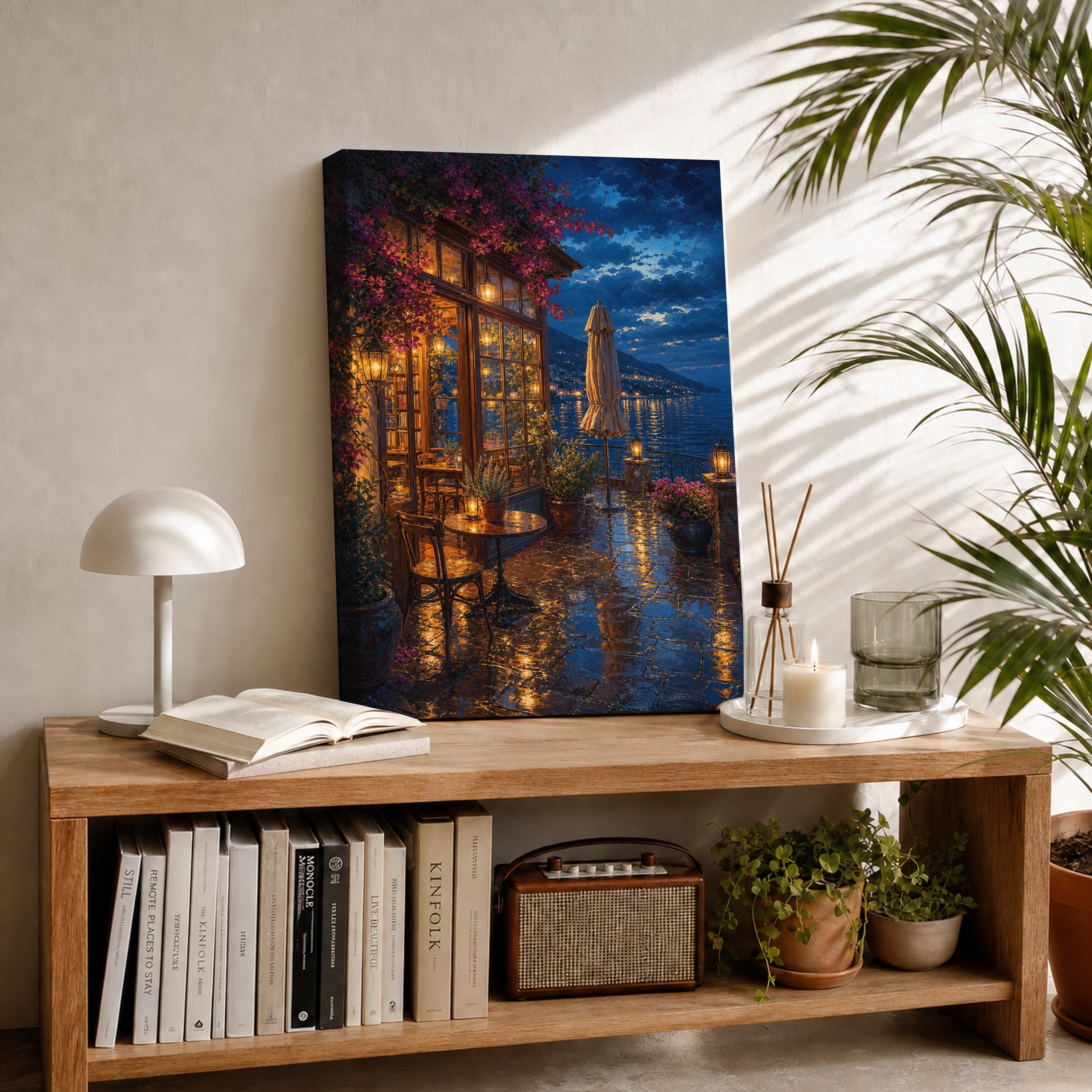 Rainy Canal Flower Cafe Night canvas room mockup by Seji Art