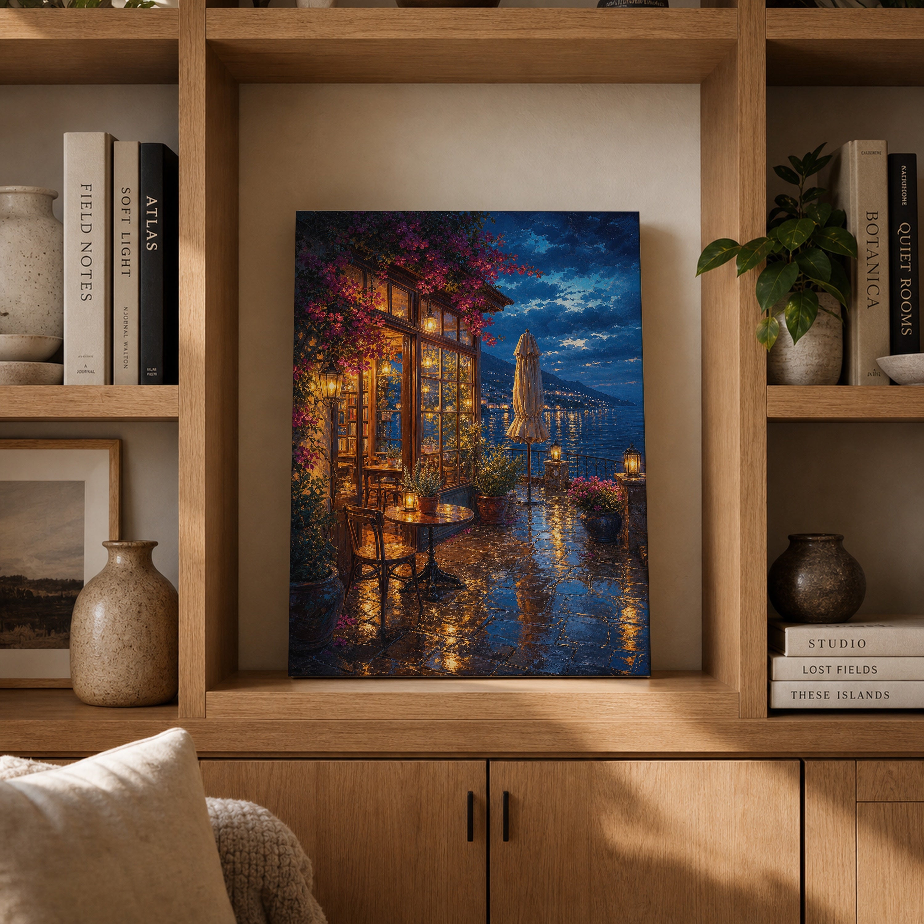 Rainy Canal Flower Cafe Night canvas gallery shelf mockup by Seji Art