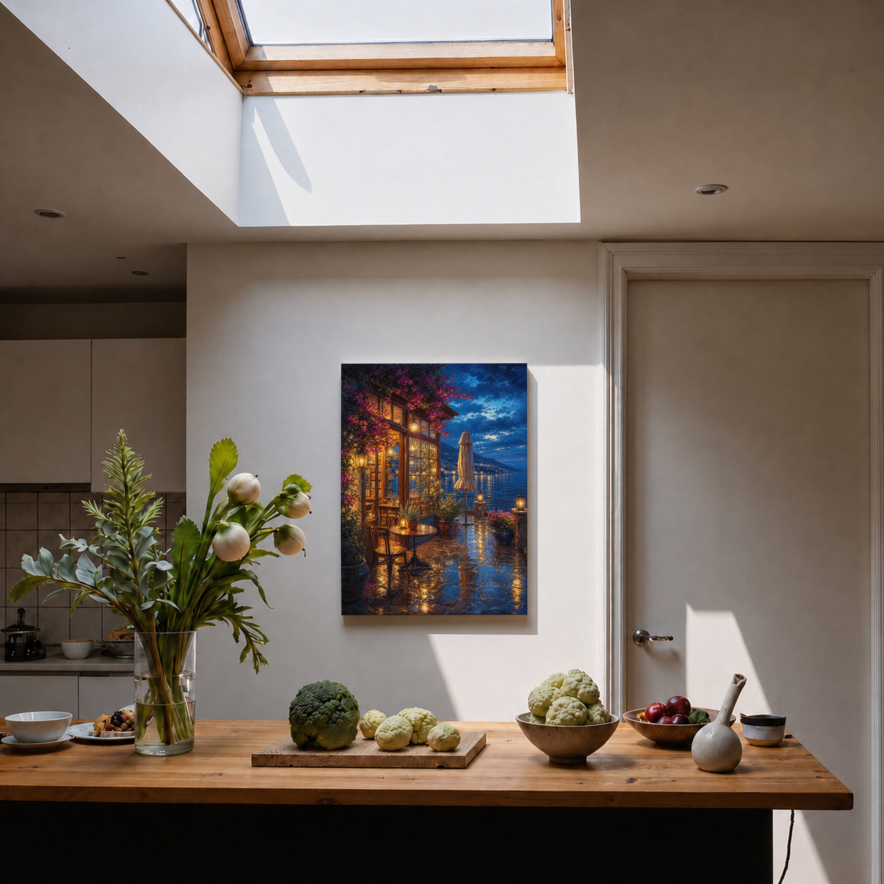 Rainy Canal Flower Cafe Night canvas home decor mockup by Seji Art