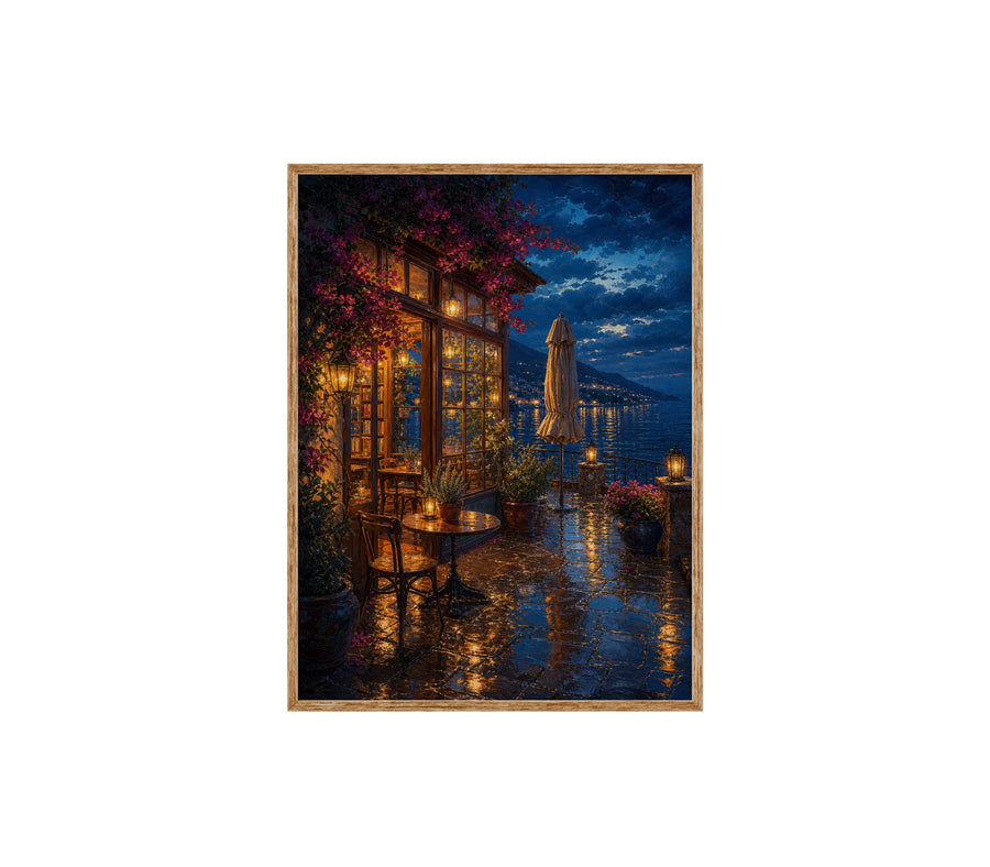 Rainy Canal Flower Cafe Night poster print preview by Seji Art