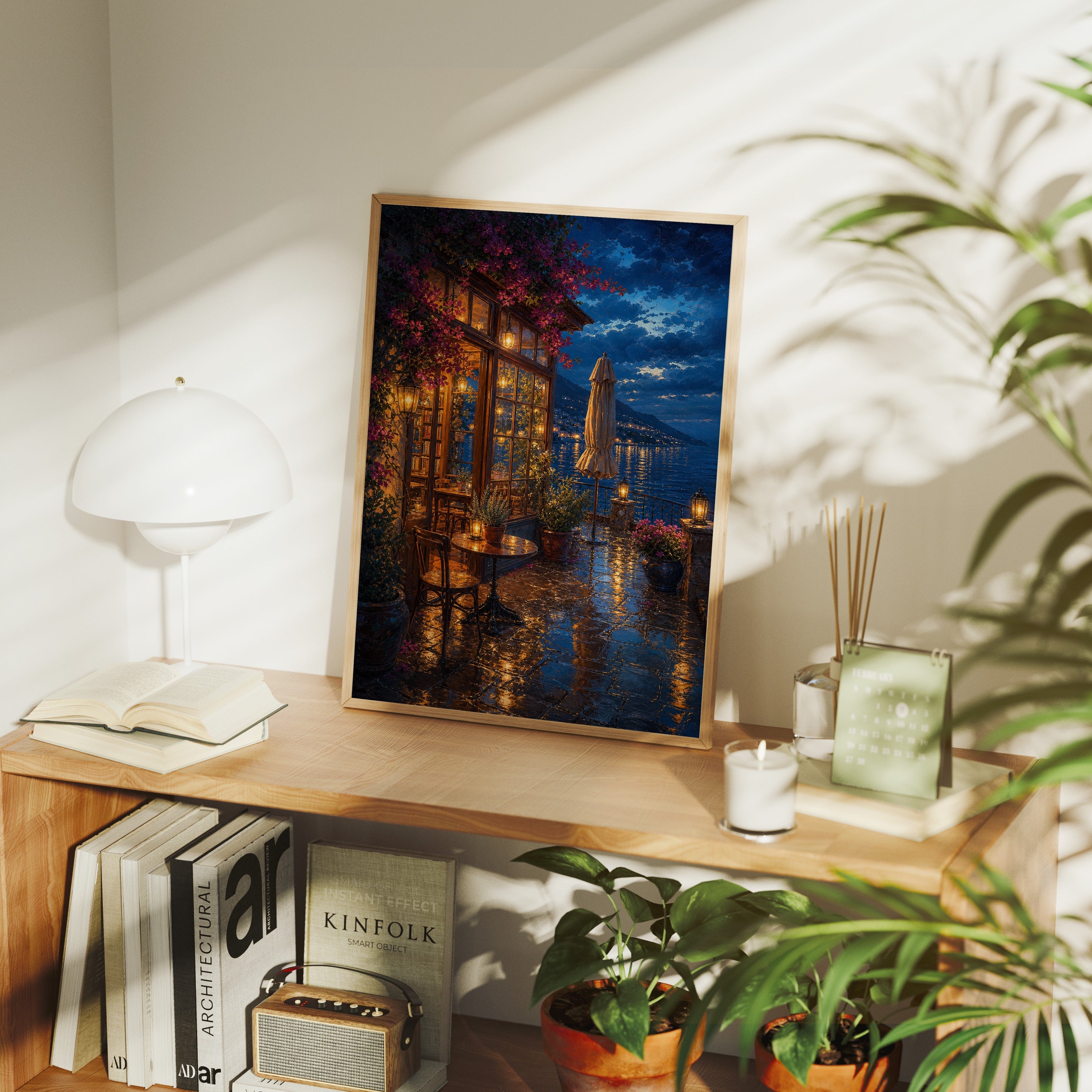 Rainy Canal Flower Cafe Night poster framed room mockup by Seji Art