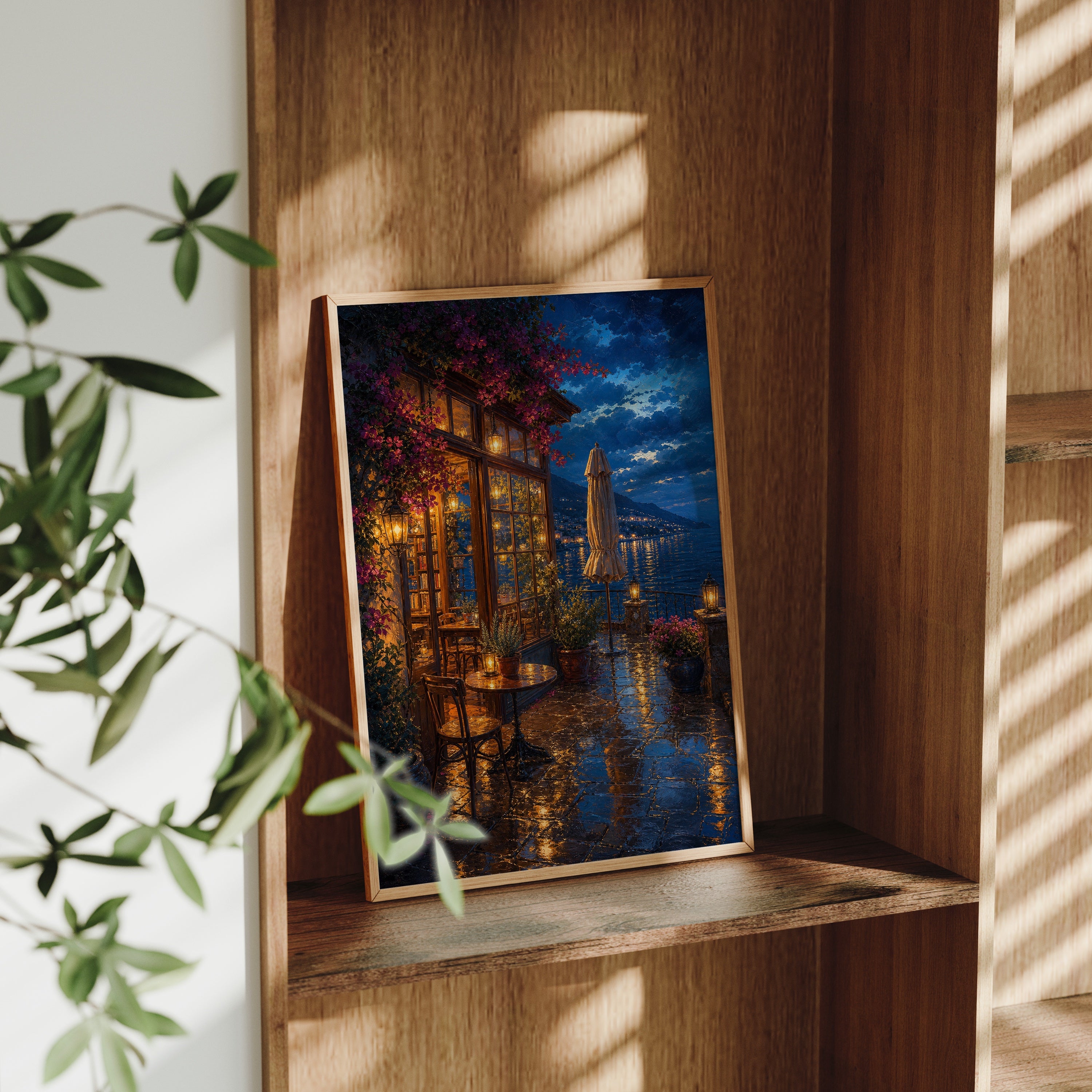 Rainy Canal Flower Cafe Night poster gallery shelf mockup by Seji Art