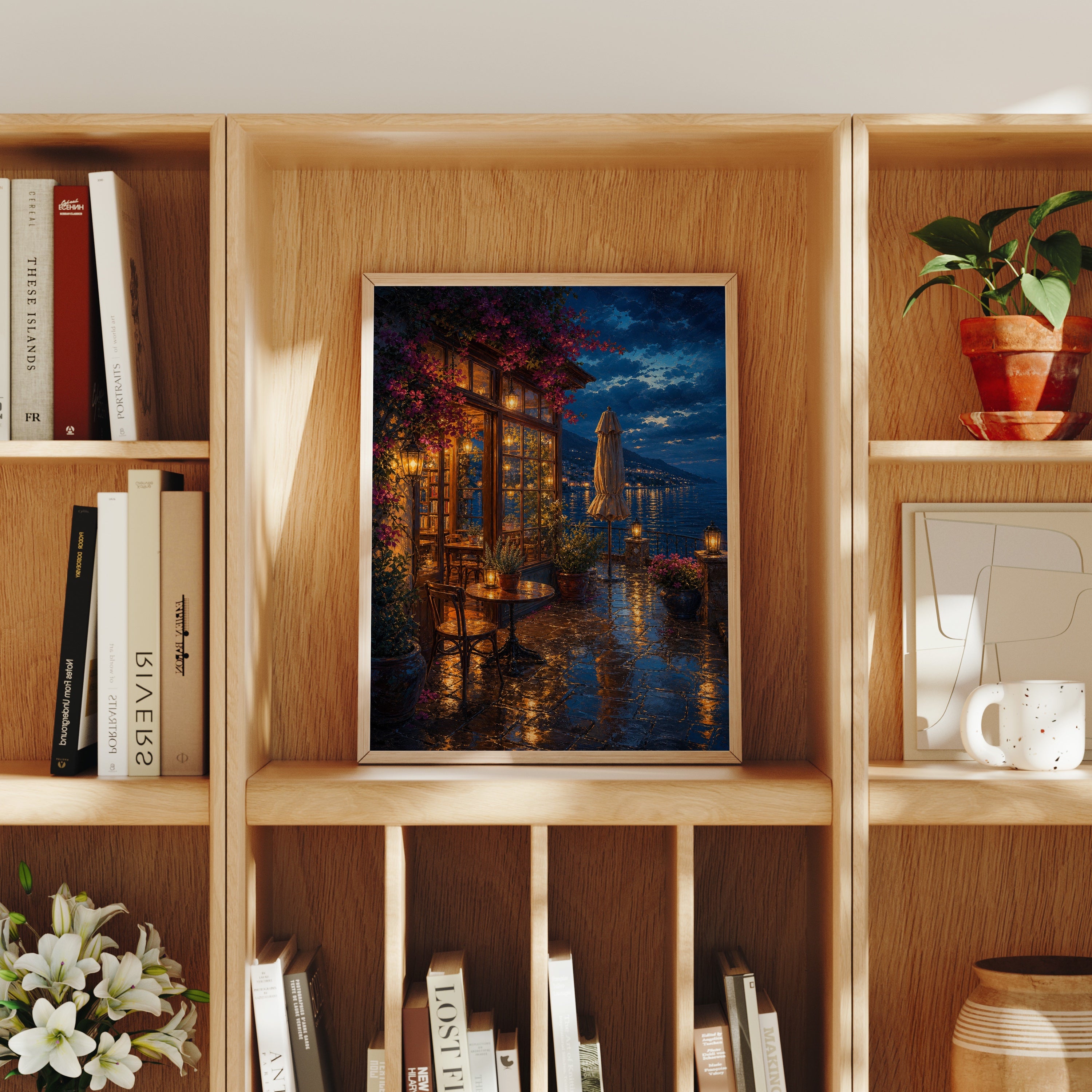 Rainy Canal Flower Cafe Night poster home decor mockup by Seji Art