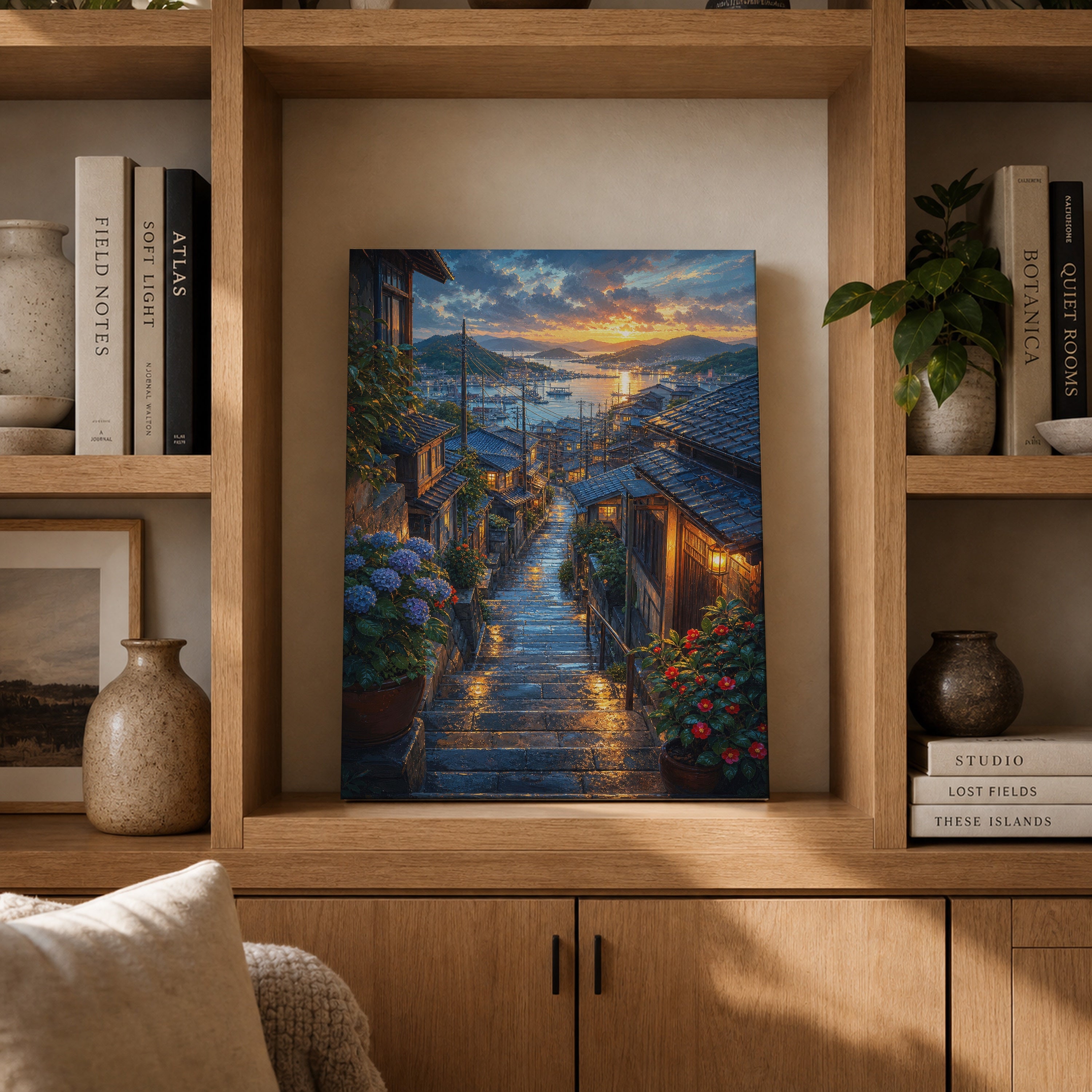 Rainy Coastal Stone Stairway canvas gallery shelf mockup by Seji Art
