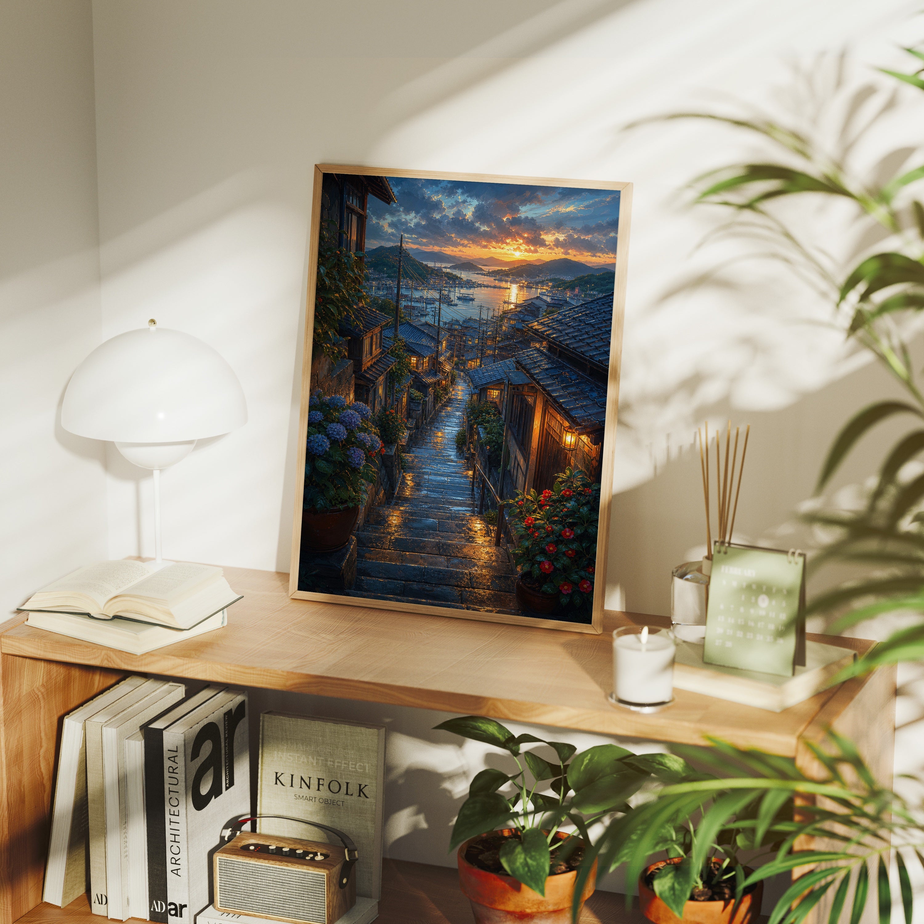 Rainy Coastal Stone Stairway poster framed room mockup by Seji Art