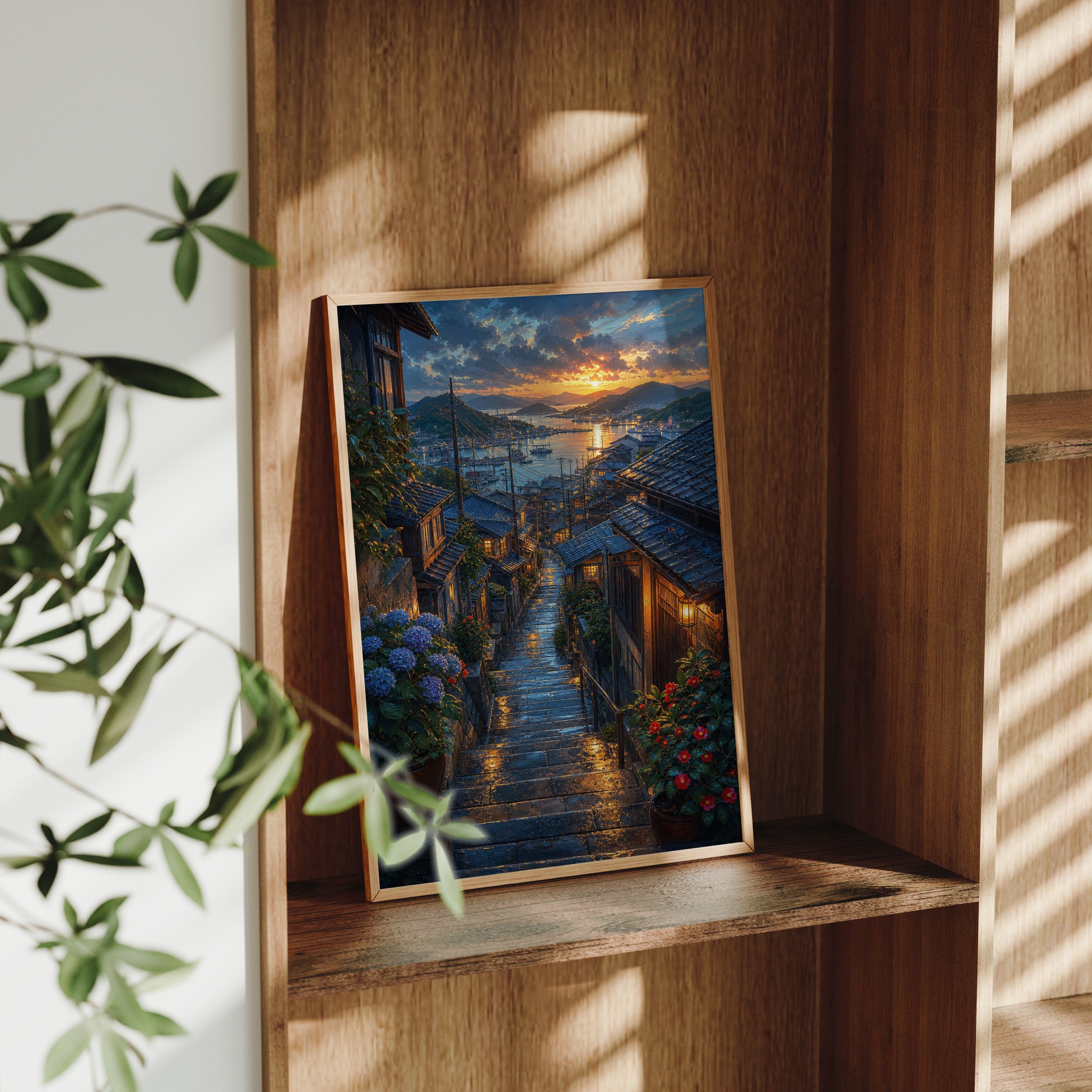 Rainy Coastal Stone Stairway poster gallery shelf mockup by Seji Art