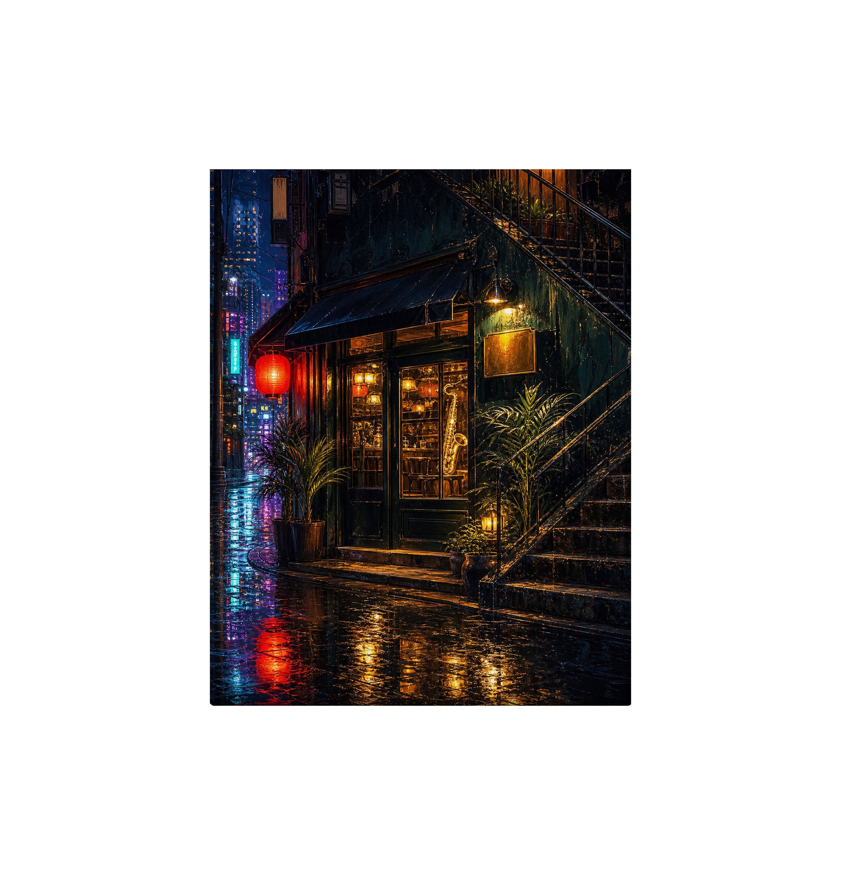 Rainy Corner Cafe Night canvas wall art preview by Seji Art