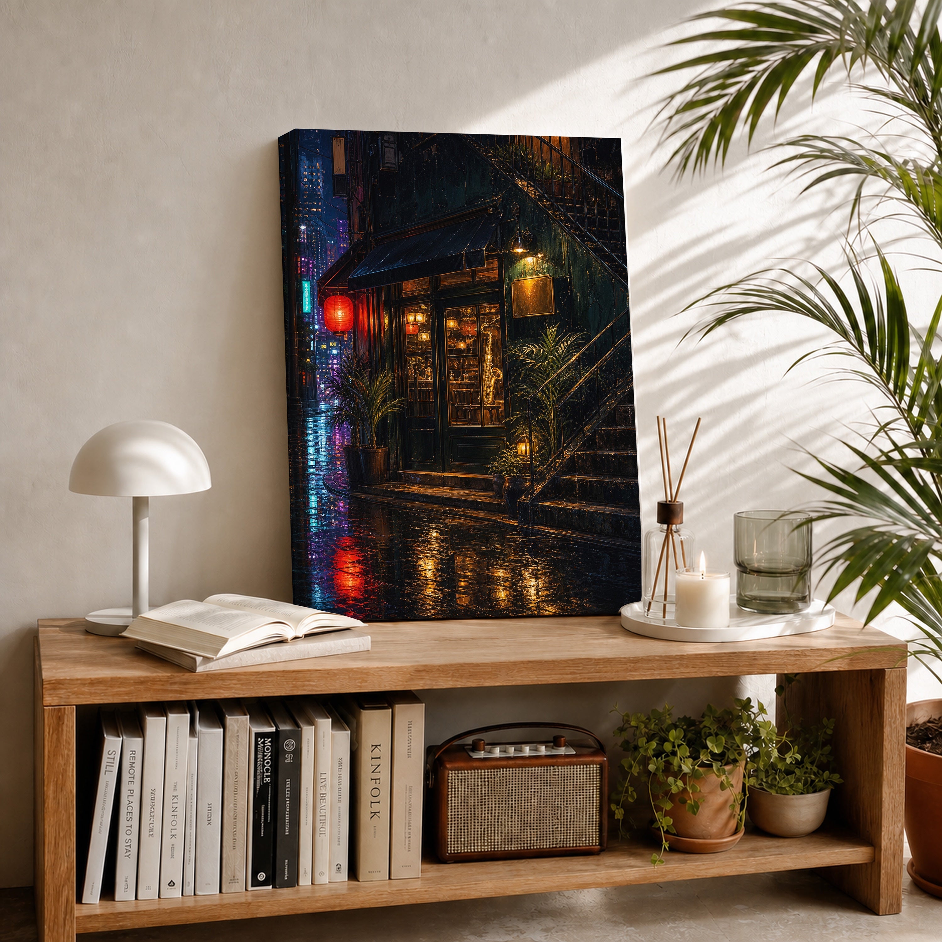 Rainy Corner Cafe Night canvas room mockup by Seji Art