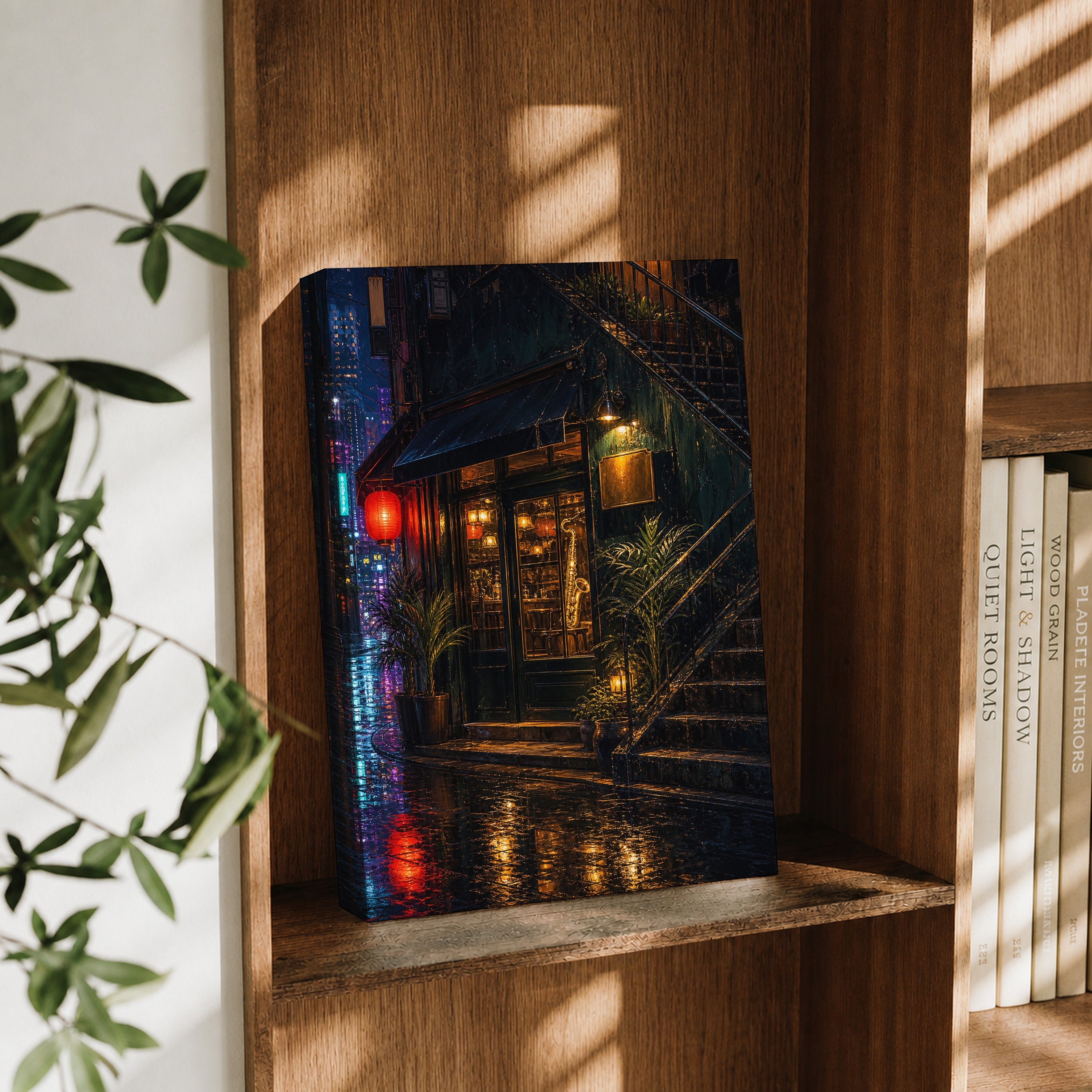 Rainy Corner Cafe Night canvas wall art decor mockup by Seji Art