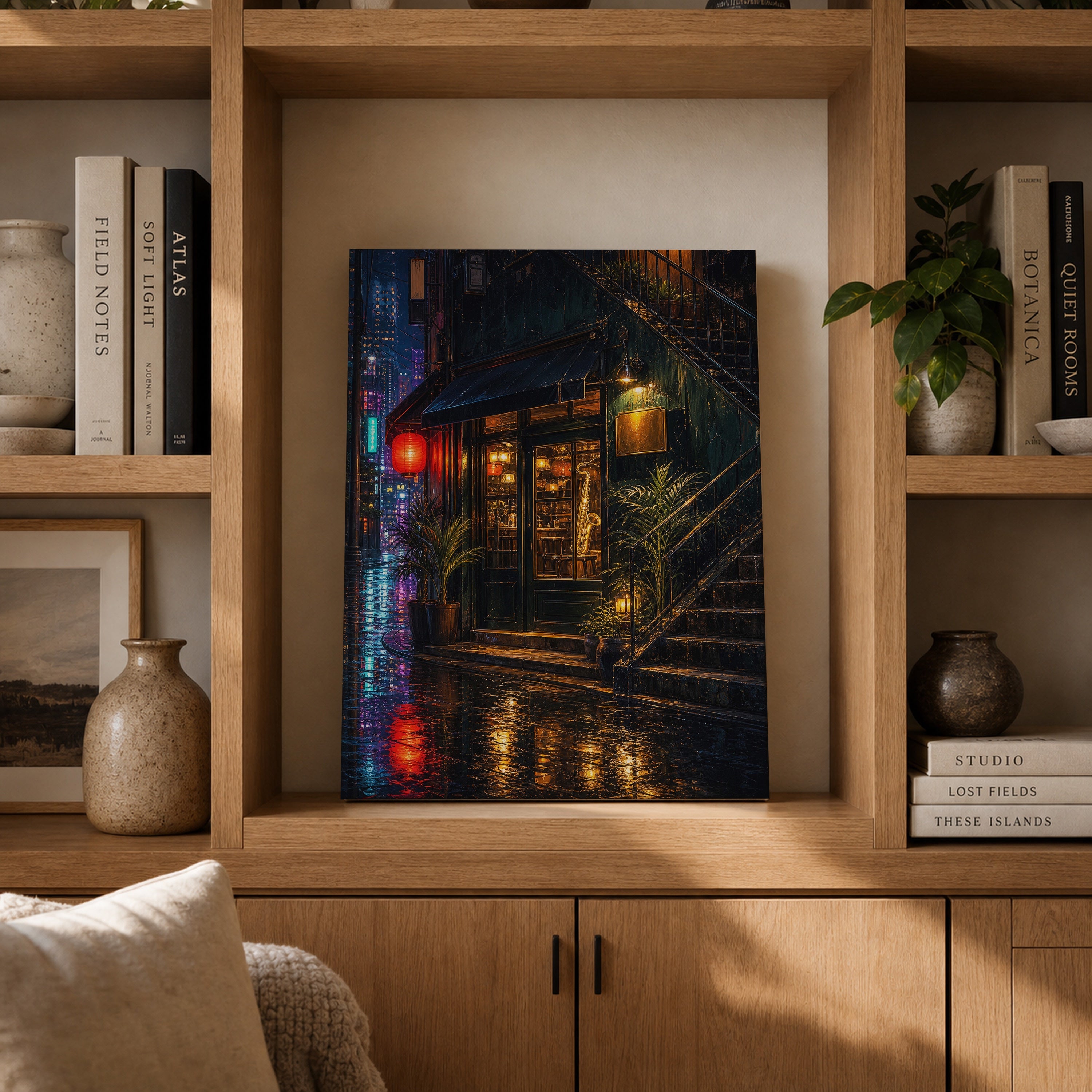Rainy Corner Cafe Night canvas gallery shelf mockup by Seji Art
