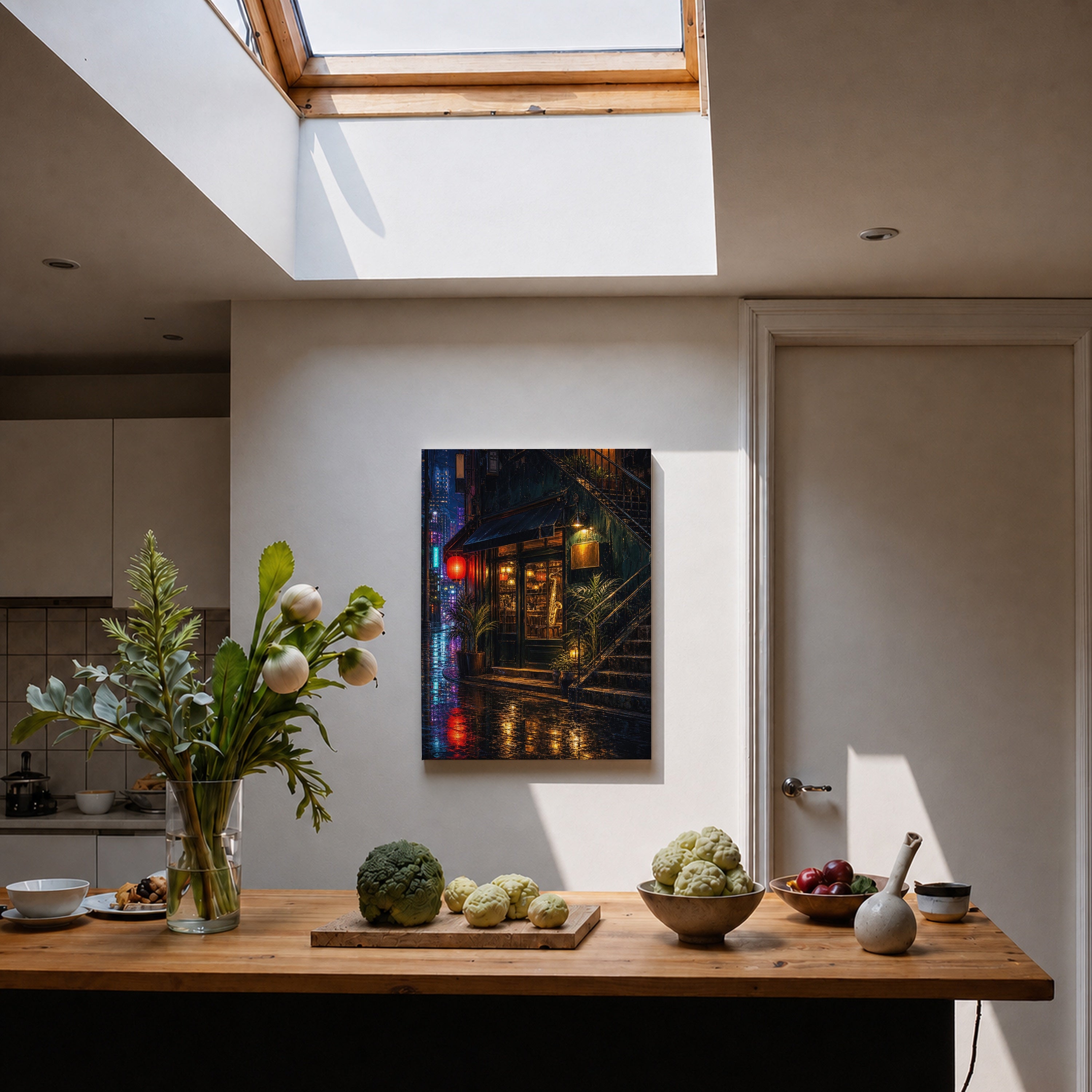Rainy Corner Cafe Night canvas home decor mockup by Seji Art