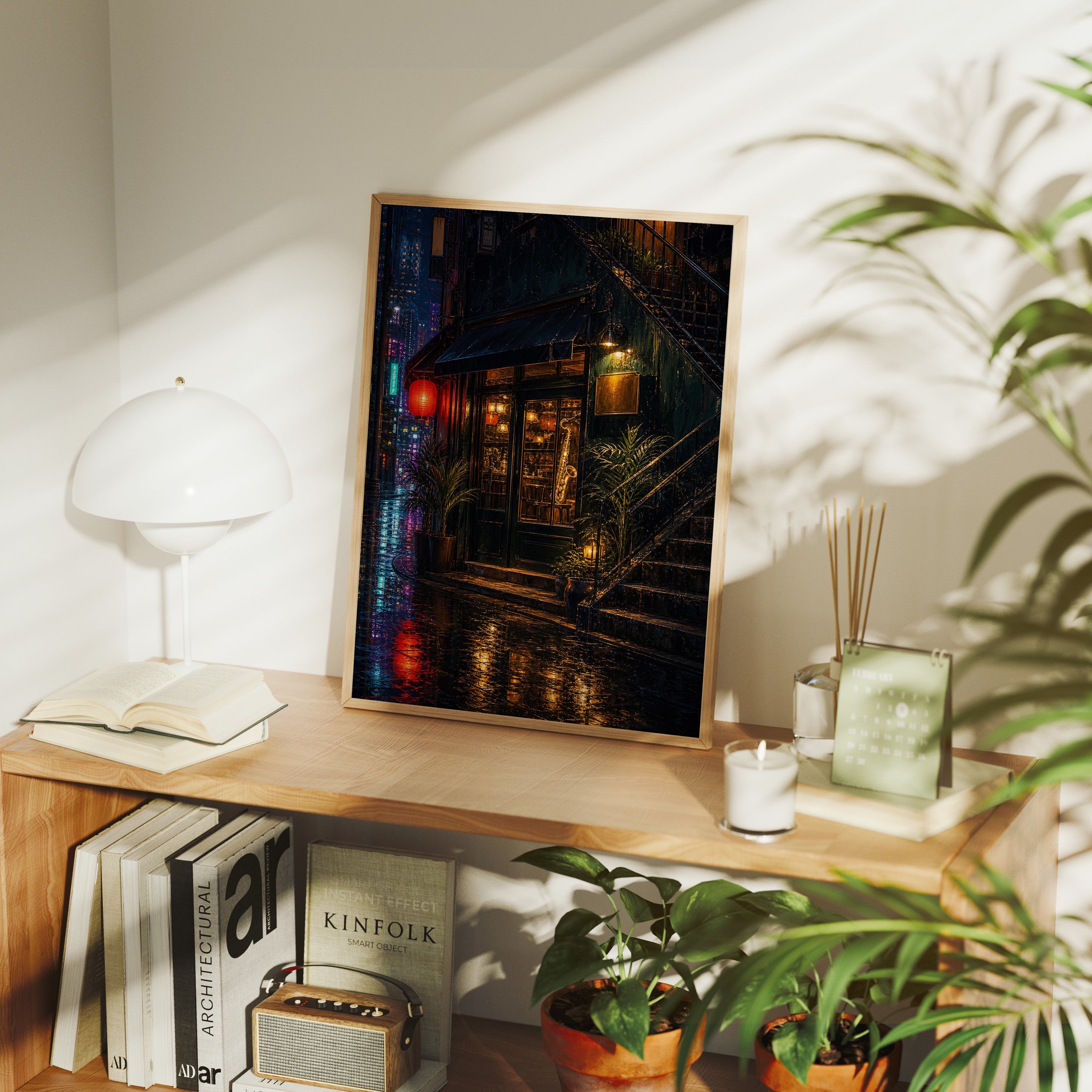 Rainy Corner Cafe Night poster framed room mockup by Seji Art