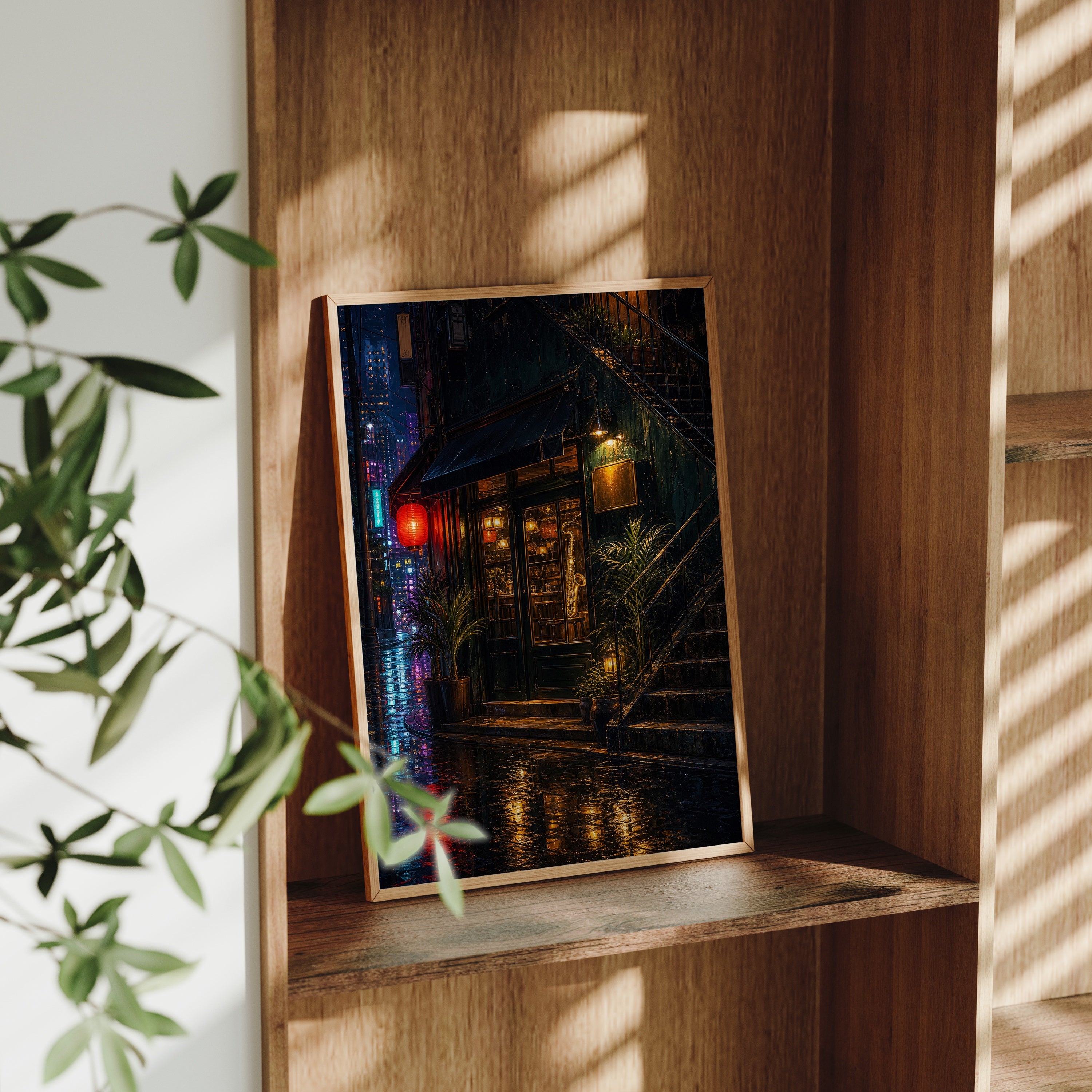 Rainy Corner Cafe Night poster gallery shelf mockup by Seji Art