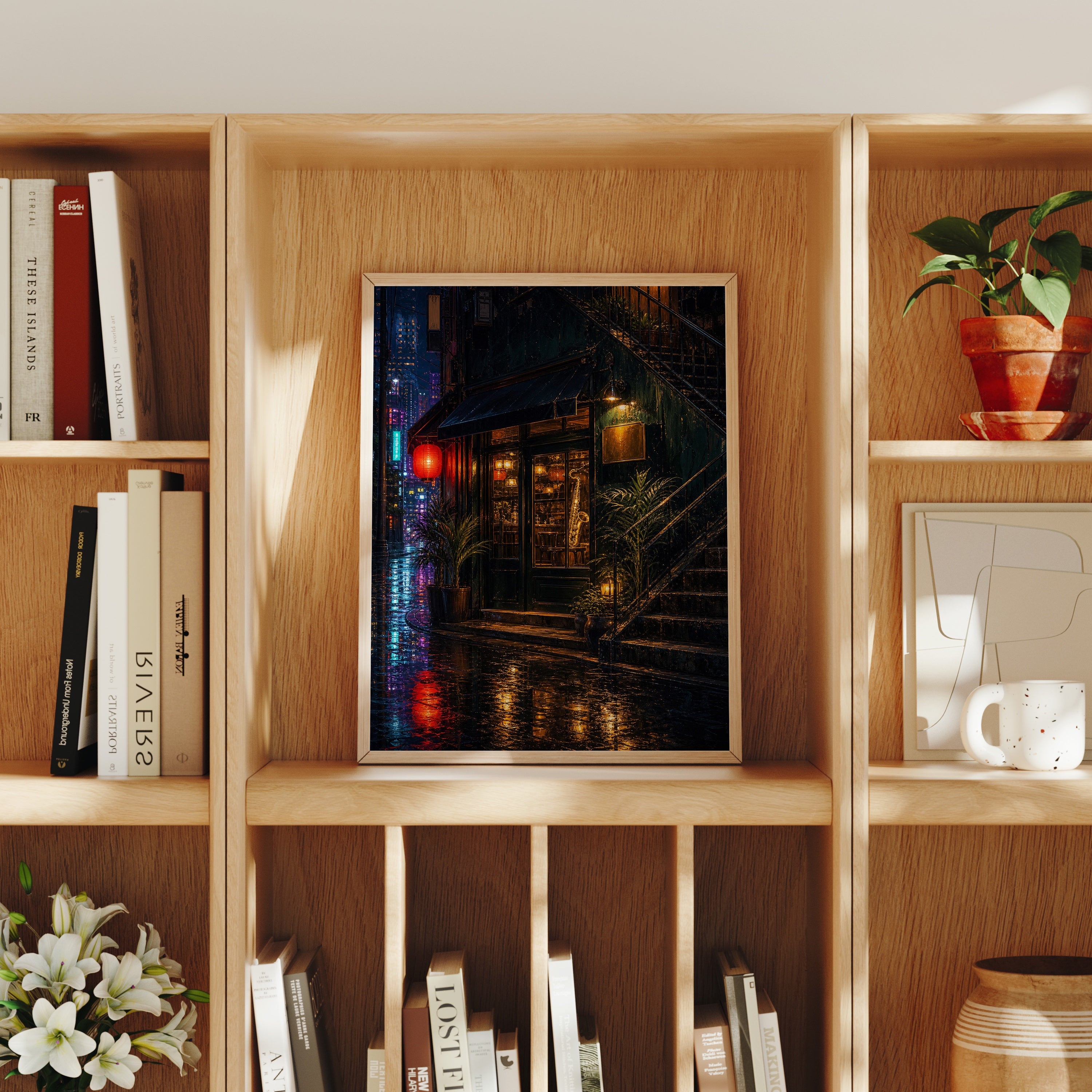 Rainy Corner Cafe Night poster home decor mockup by Seji Art