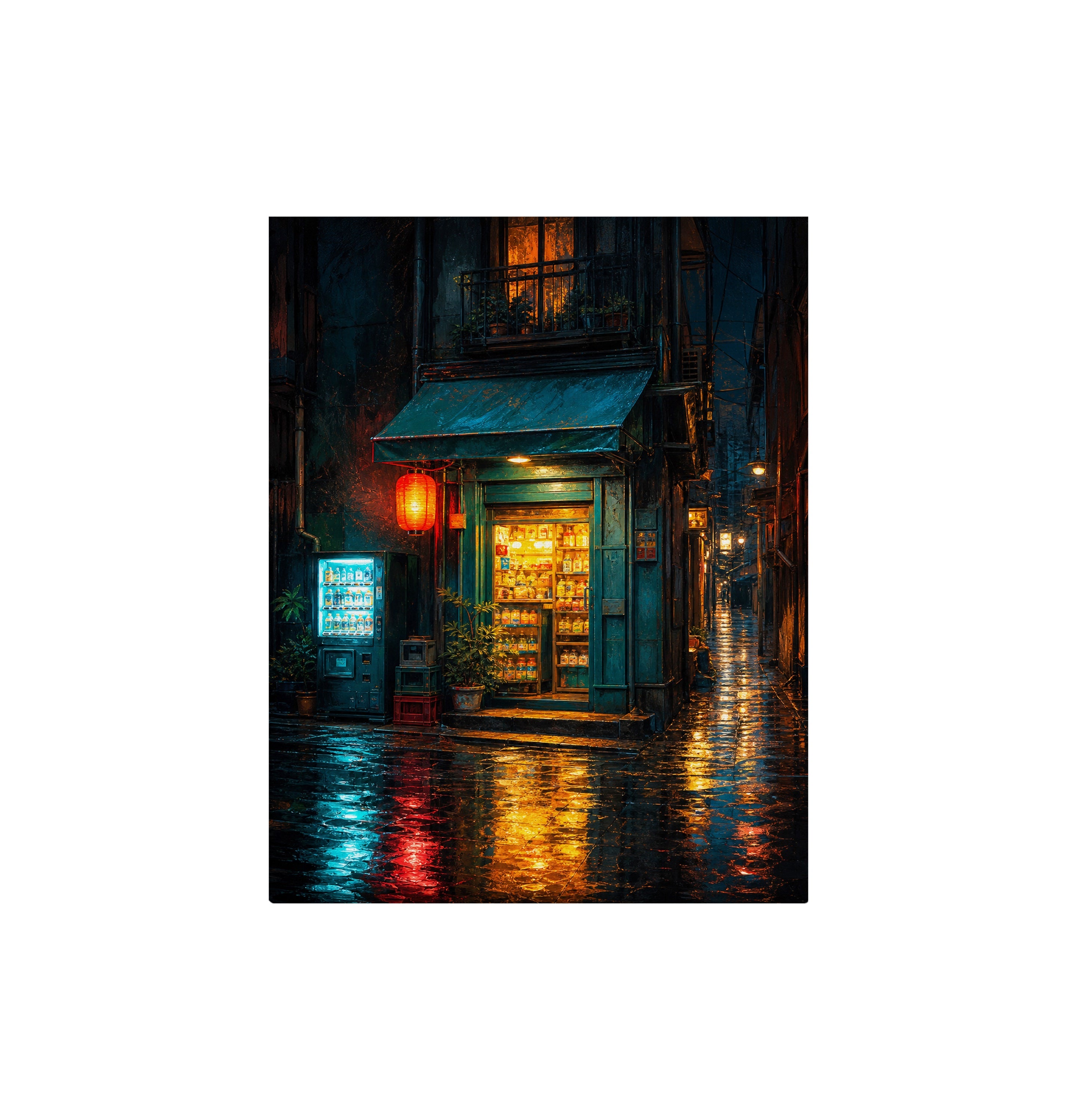 Rainy Green Door Noodle Shop canvas wall art preview by Seji Art