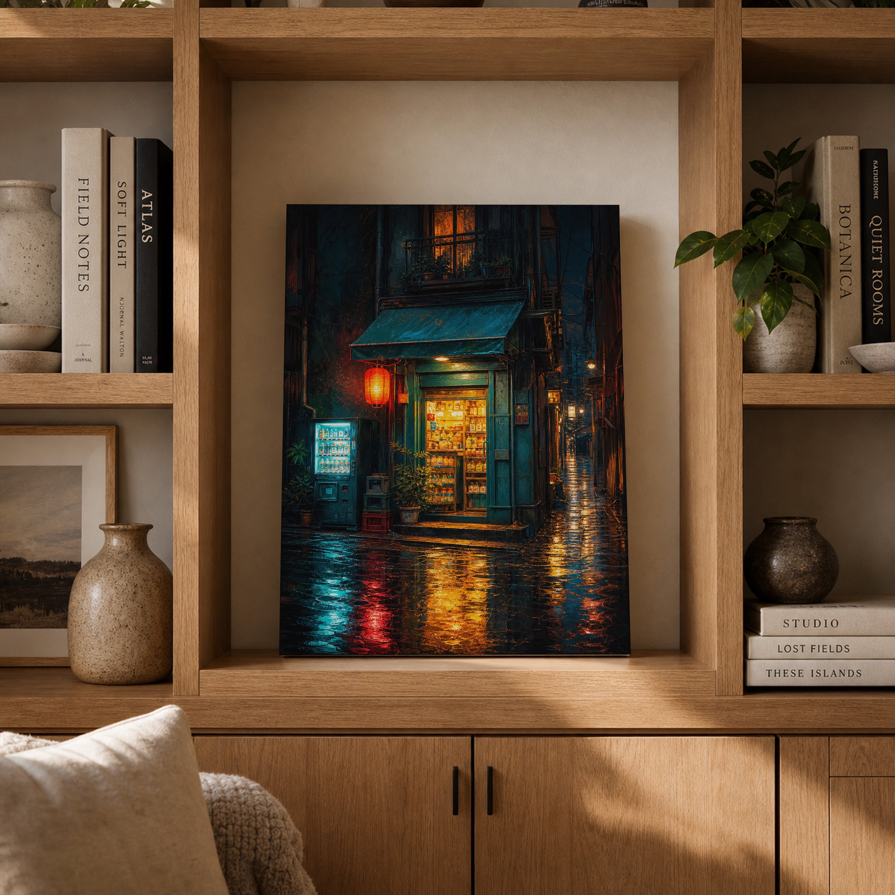 Rainy Green Door Noodle Shop canvas gallery shelf mockup by Seji Art
