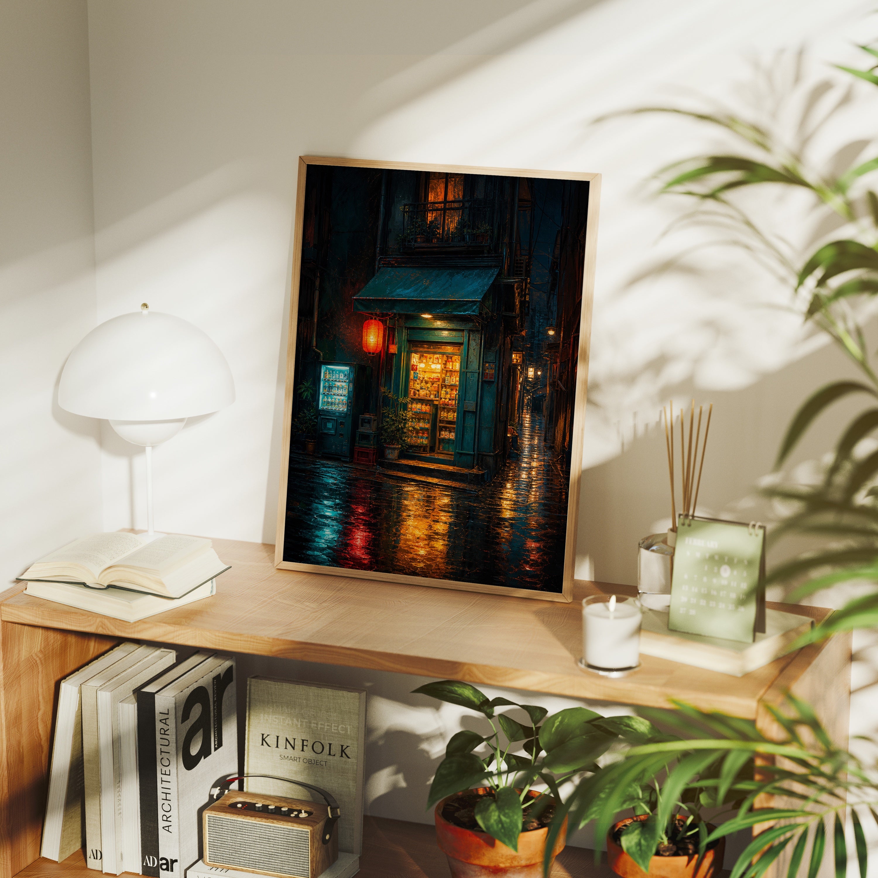 Rainy Green Door Noodle Shop poster framed room mockup by Seji Art