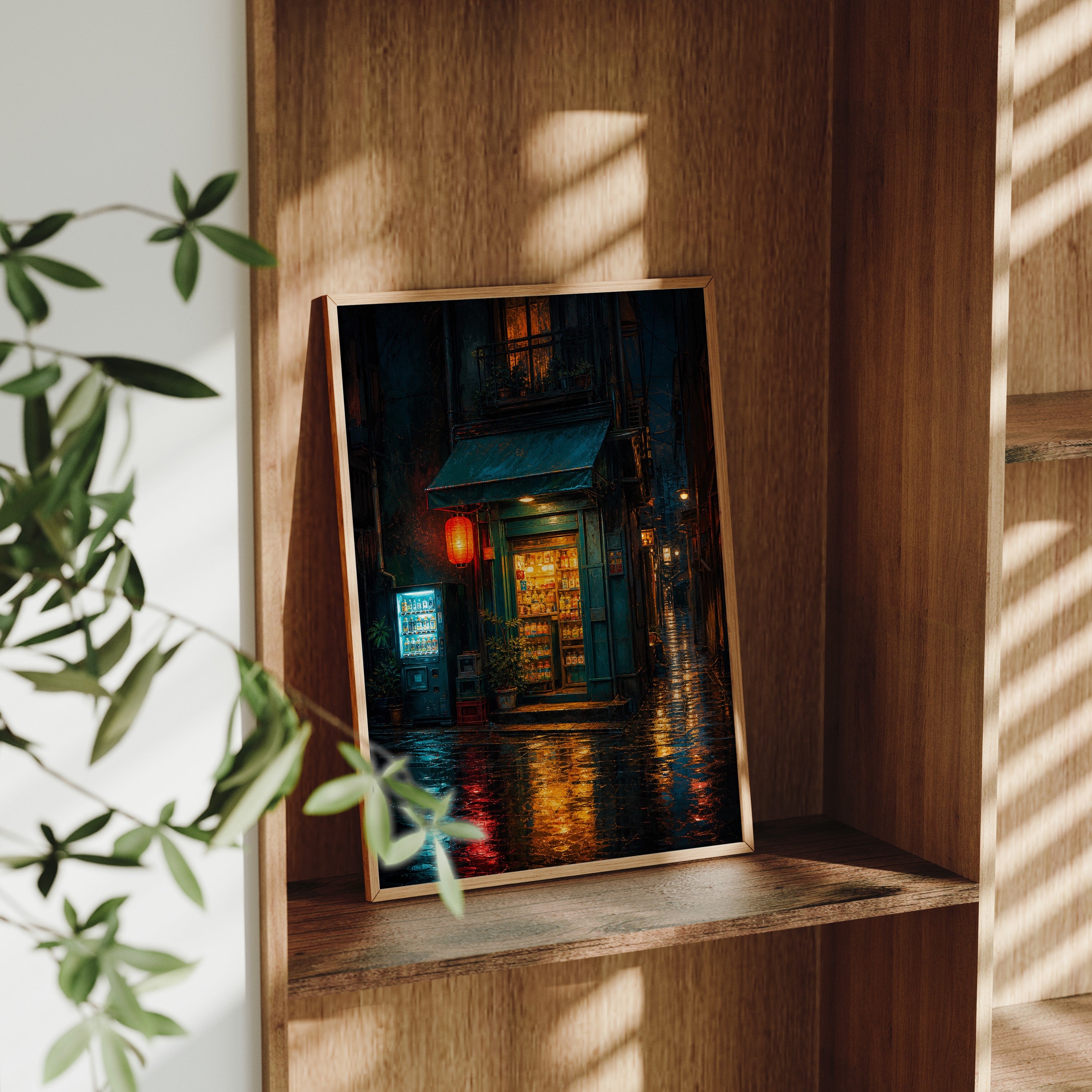 Rainy Green Door Noodle Shop poster gallery shelf mockup by Seji Art