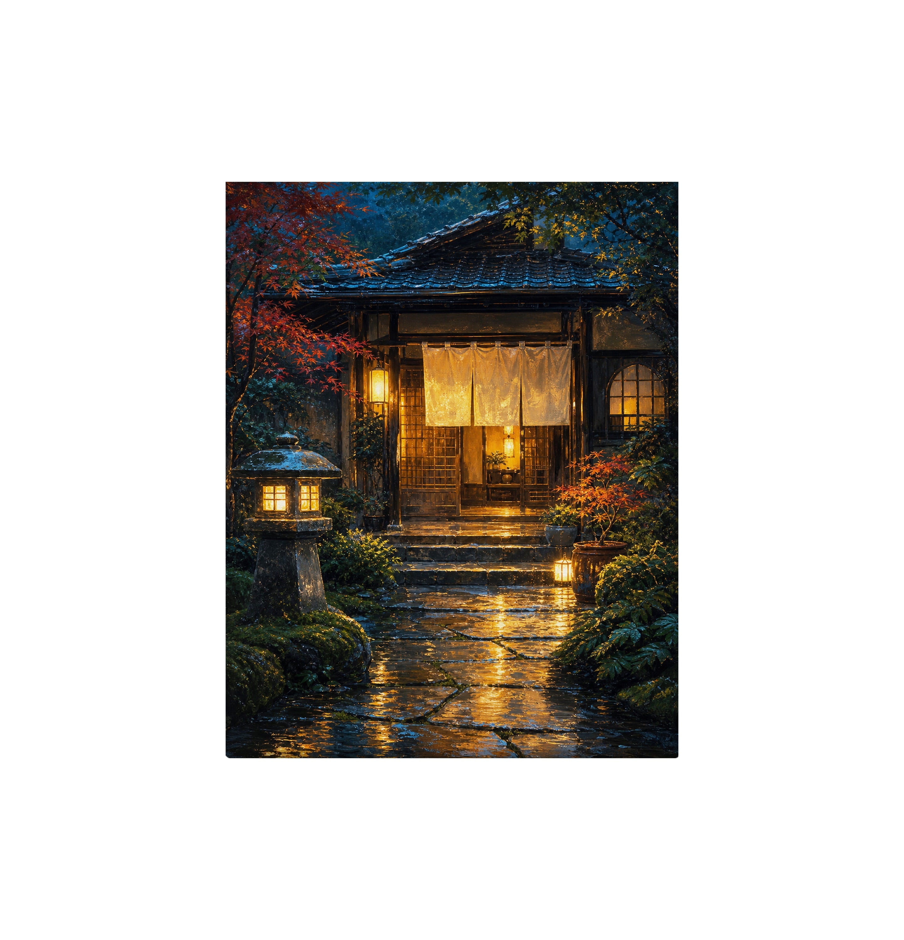 Rainy Japanese Garden Teahouse canvas wall art preview by Seji Art