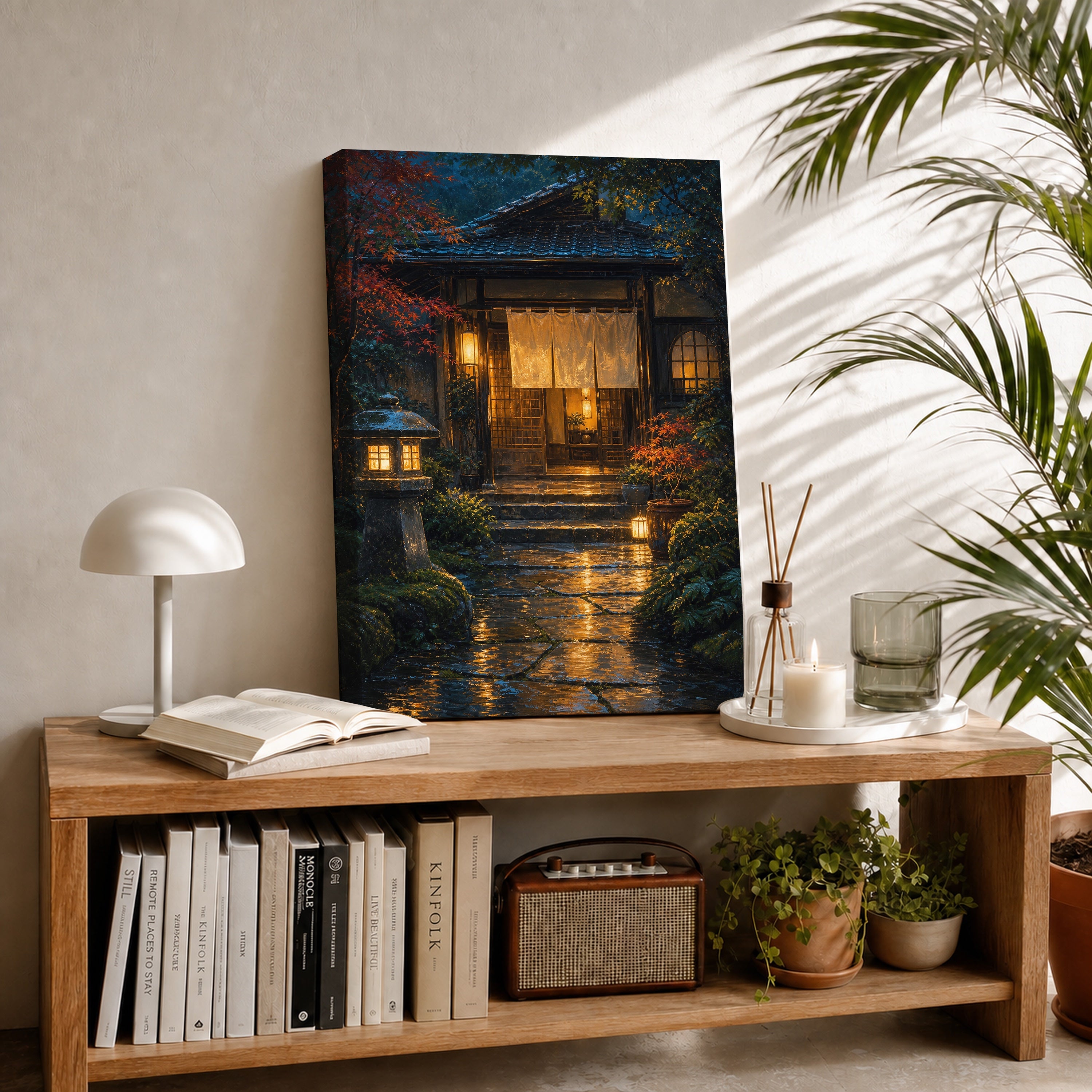 Rainy Japanese Garden Teahouse canvas room mockup by Seji Art