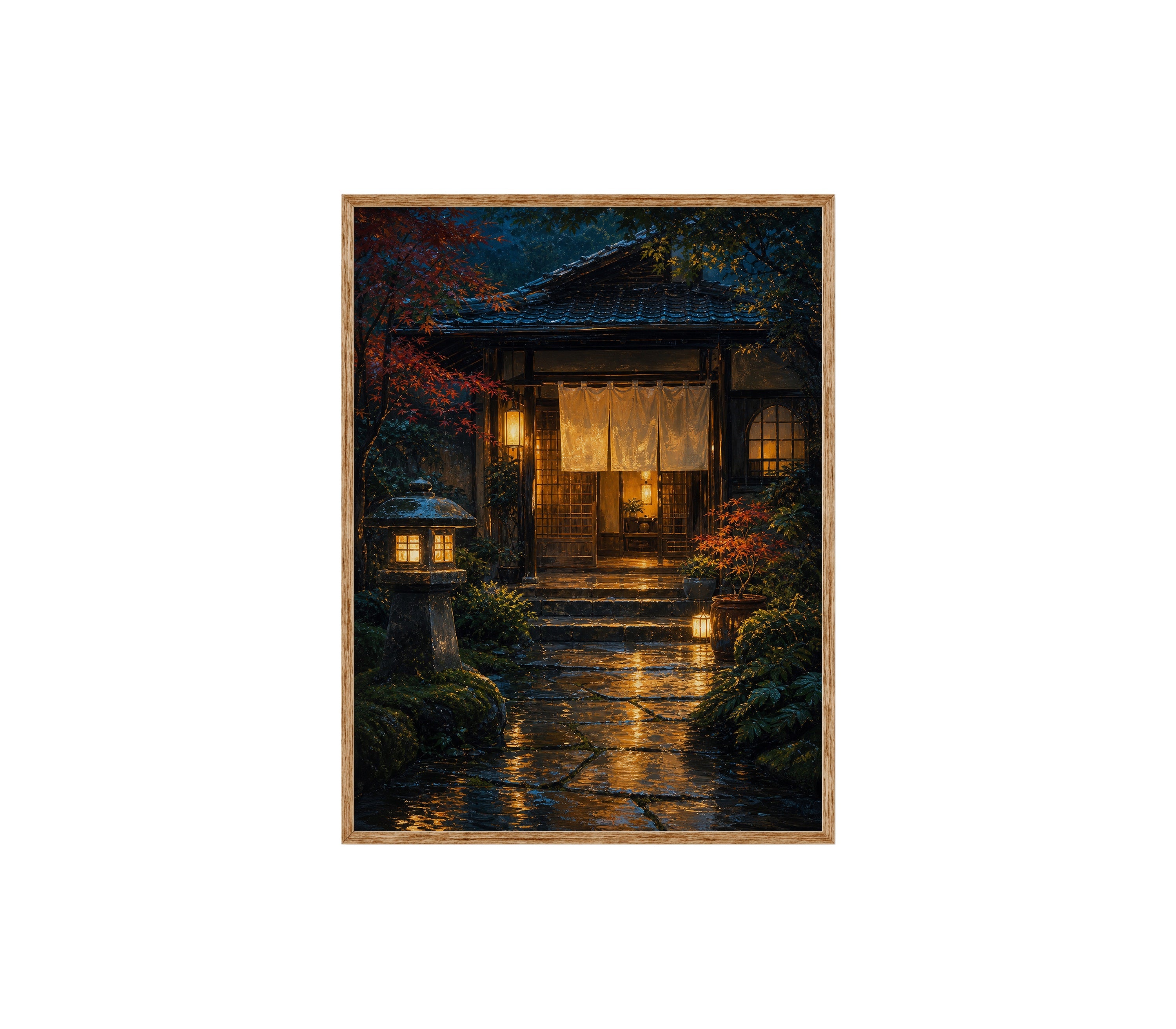 Rainy Japanese Garden Teahouse poster print preview by Seji Art