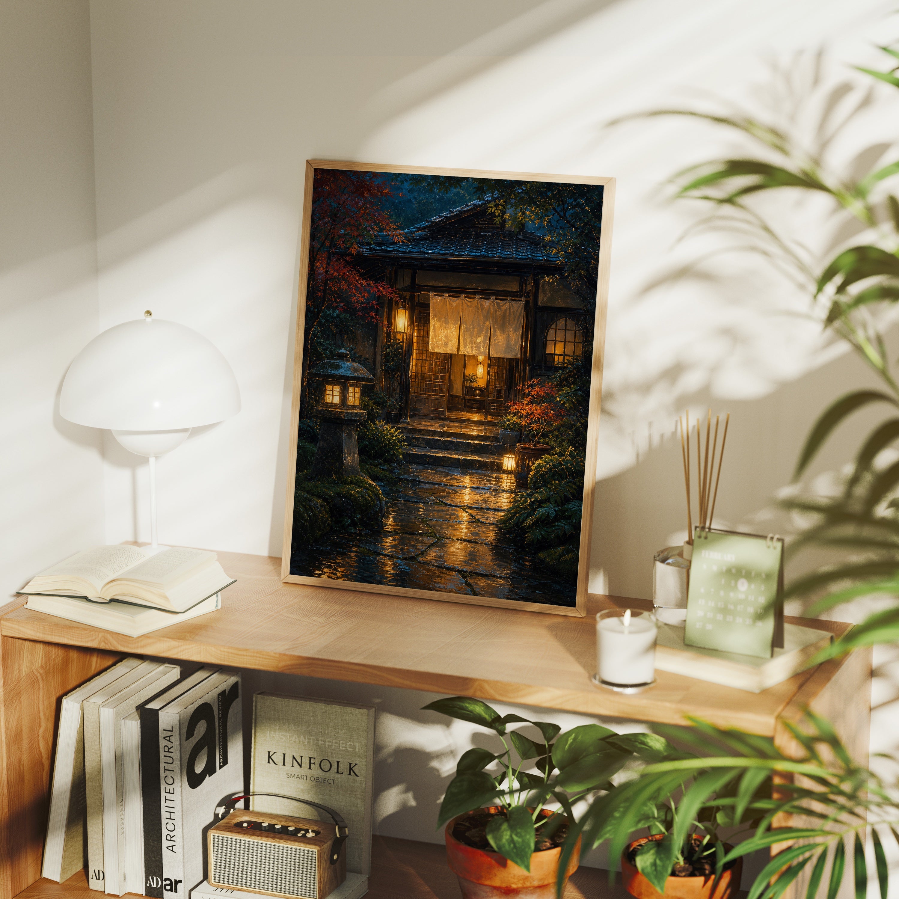 Rainy Japanese Garden Teahouse poster framed room mockup by Seji Art