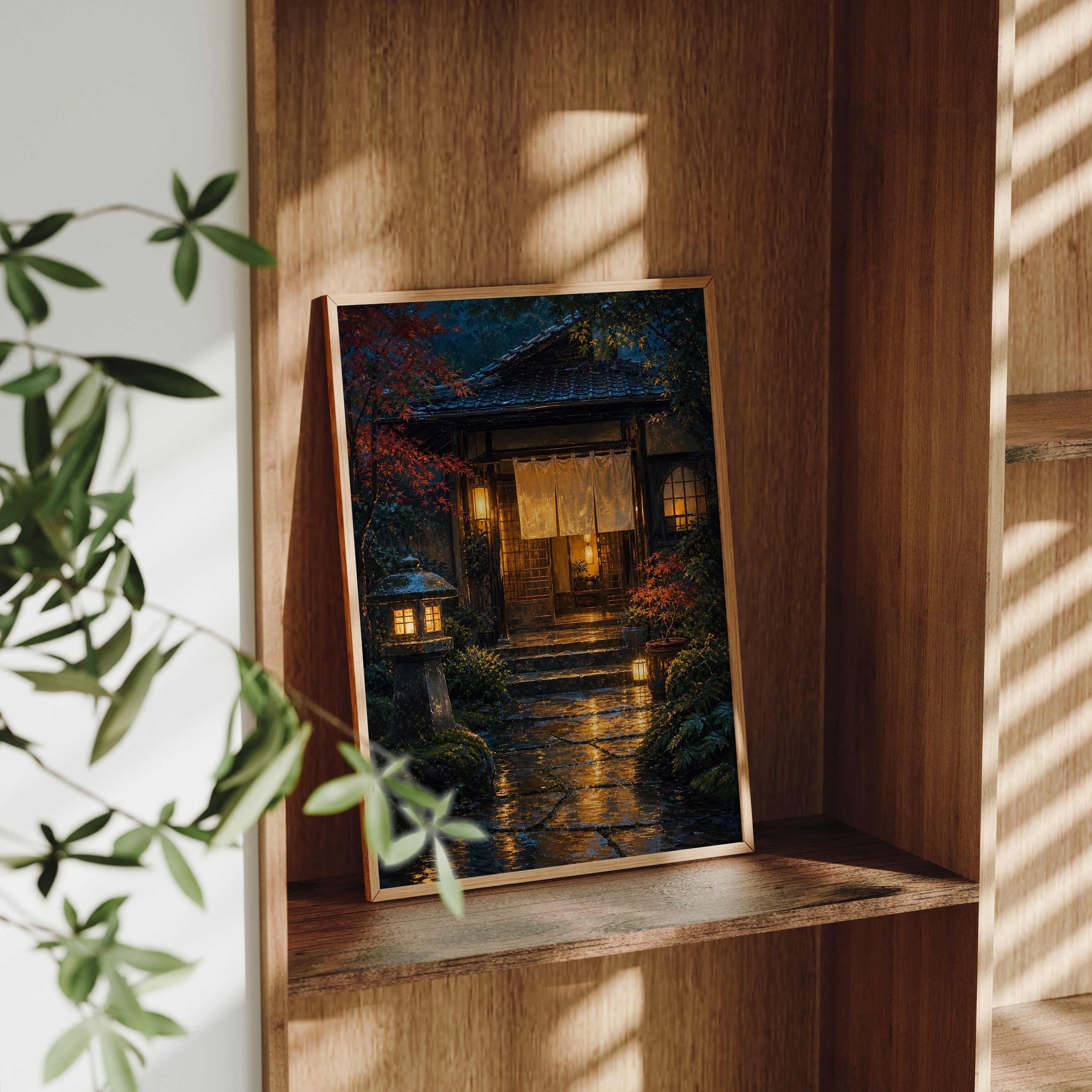 Rainy Japanese Garden Teahouse poster gallery shelf mockup by Seji Art
