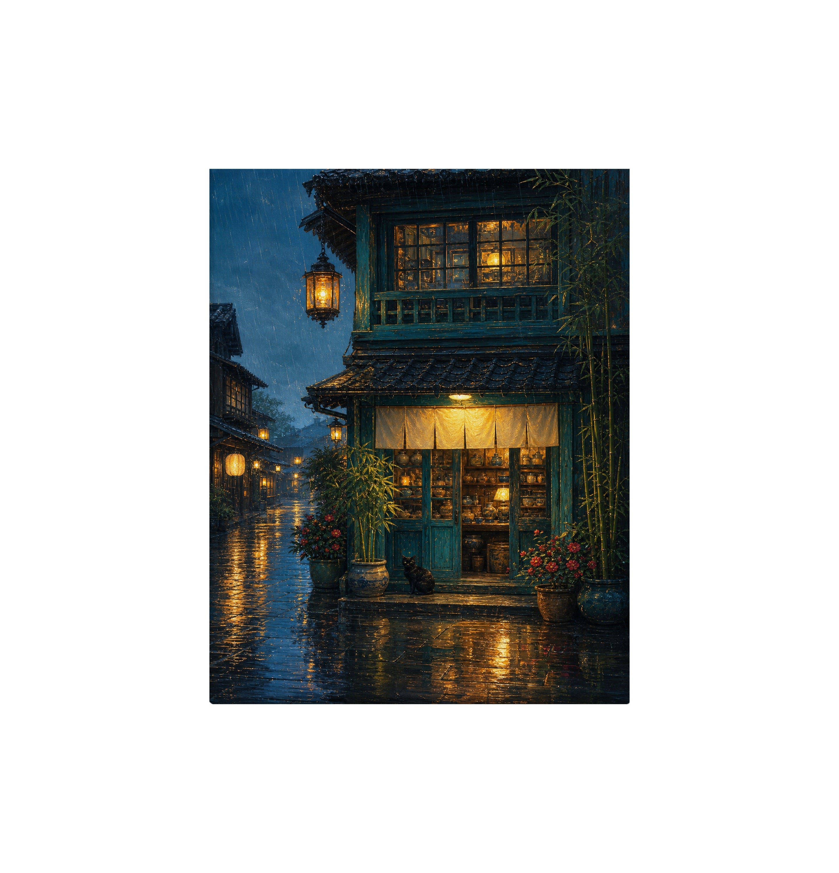 Rainy Lantern Townhouse canvas wall art preview by Seji Art
