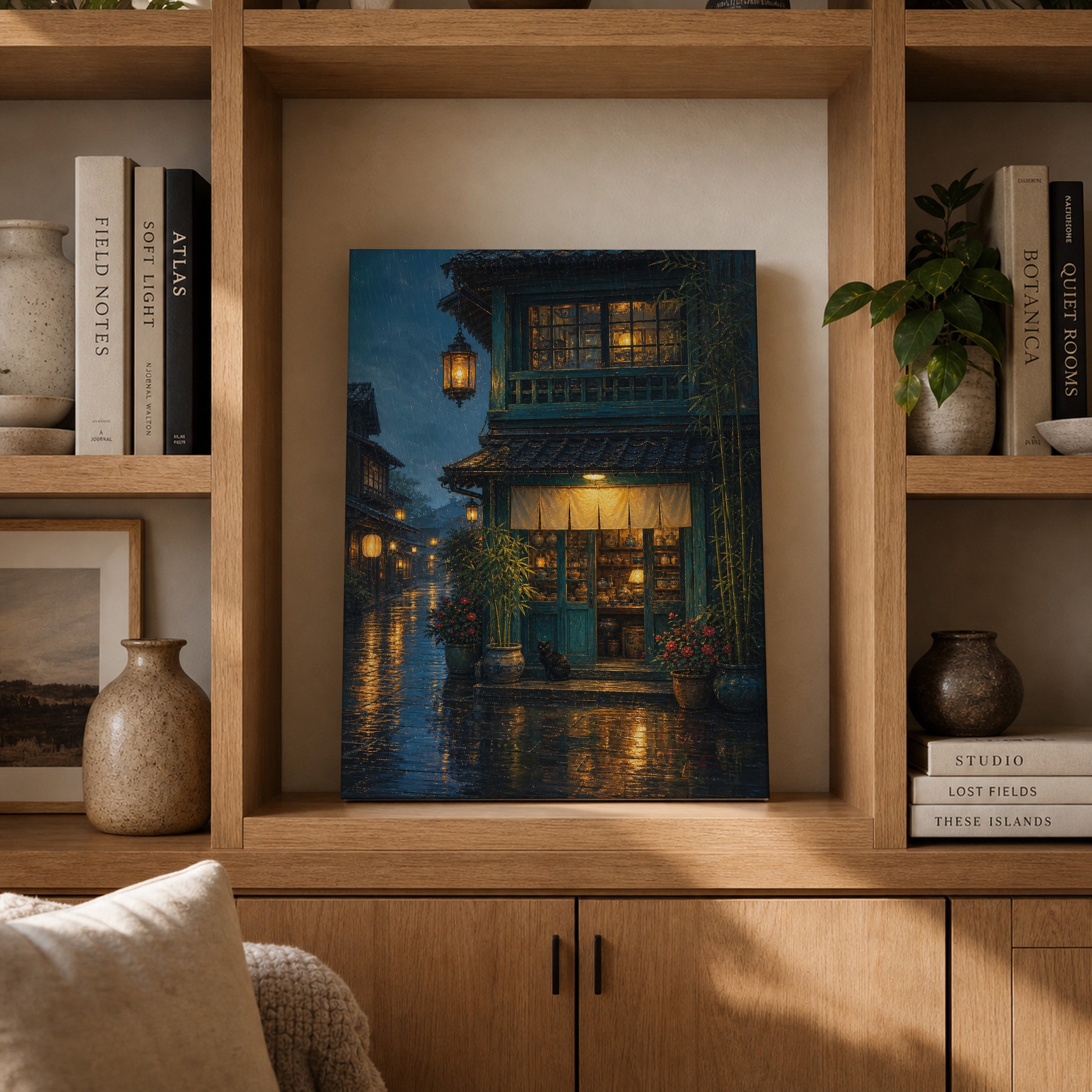Rainy Lantern Townhouse canvas gallery shelf mockup by Seji Art