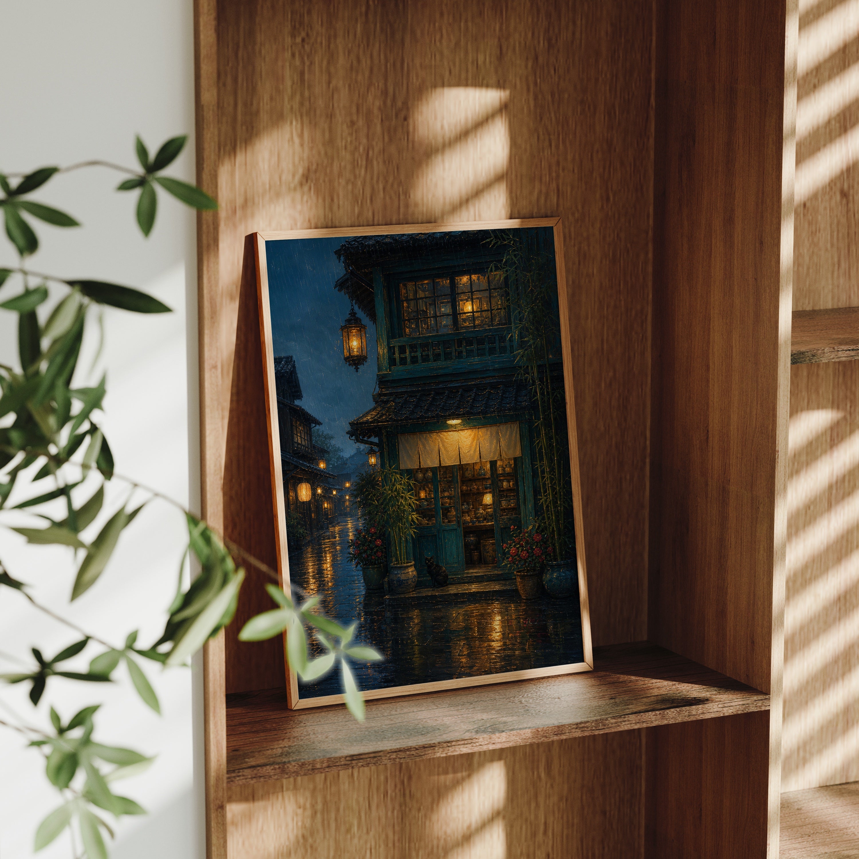 Rainy Lantern Townhouse poster gallery shelf mockup by Seji Art