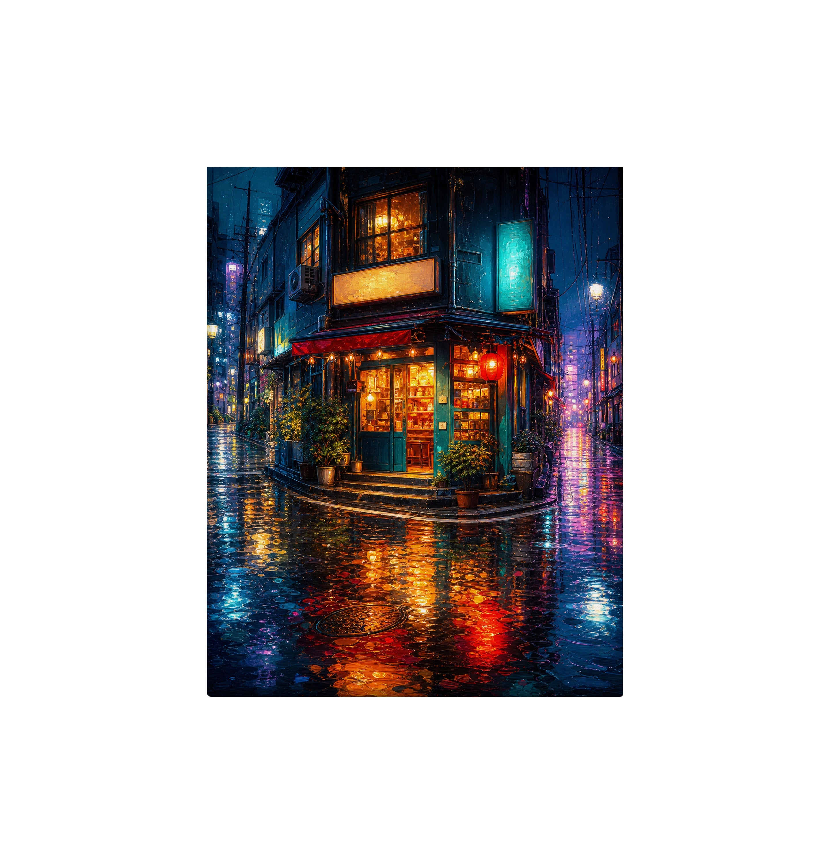 Rainy Neon Corner Restaurant canvas wall art preview by Seji Art