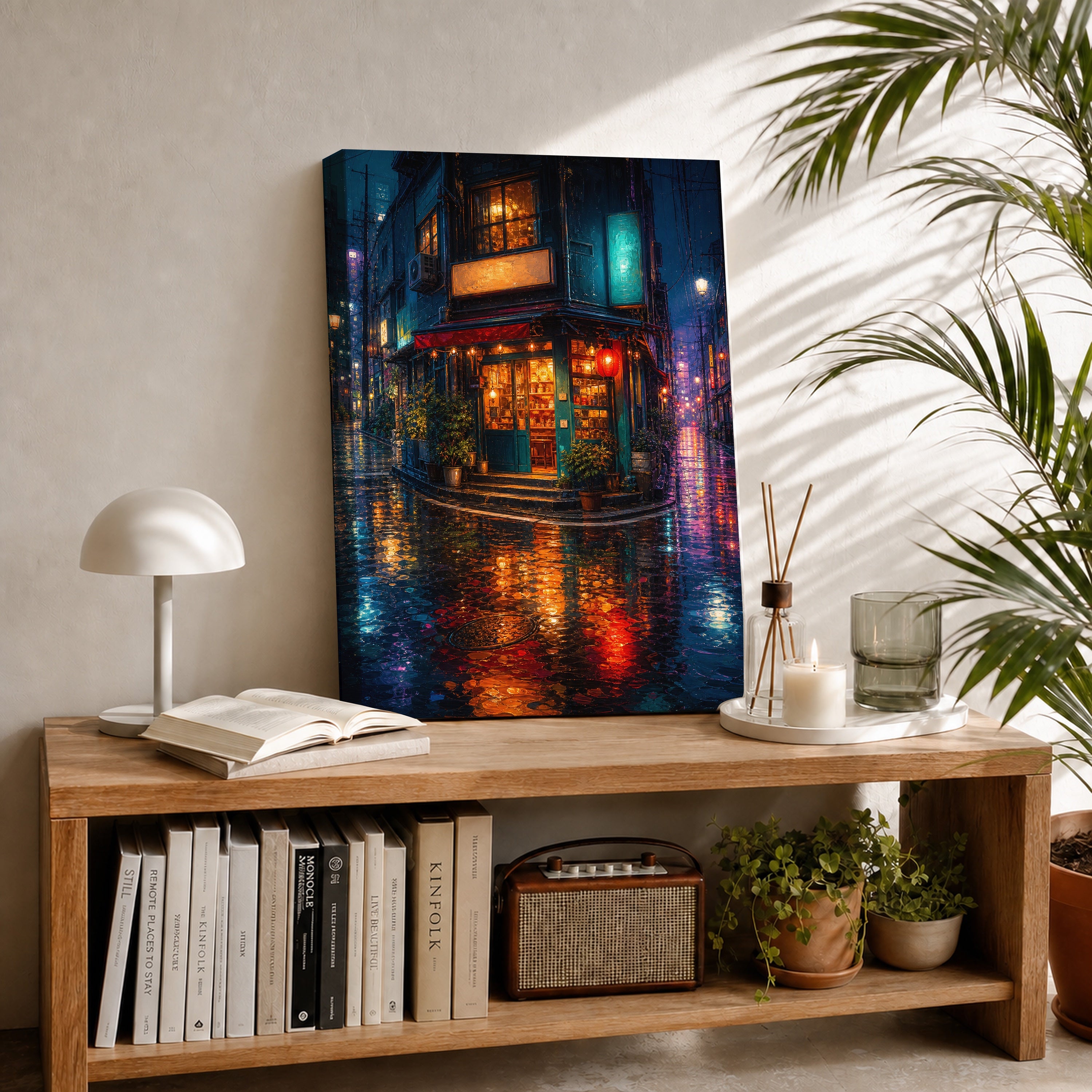 Rainy Neon Corner Restaurant canvas room mockup by Seji Art