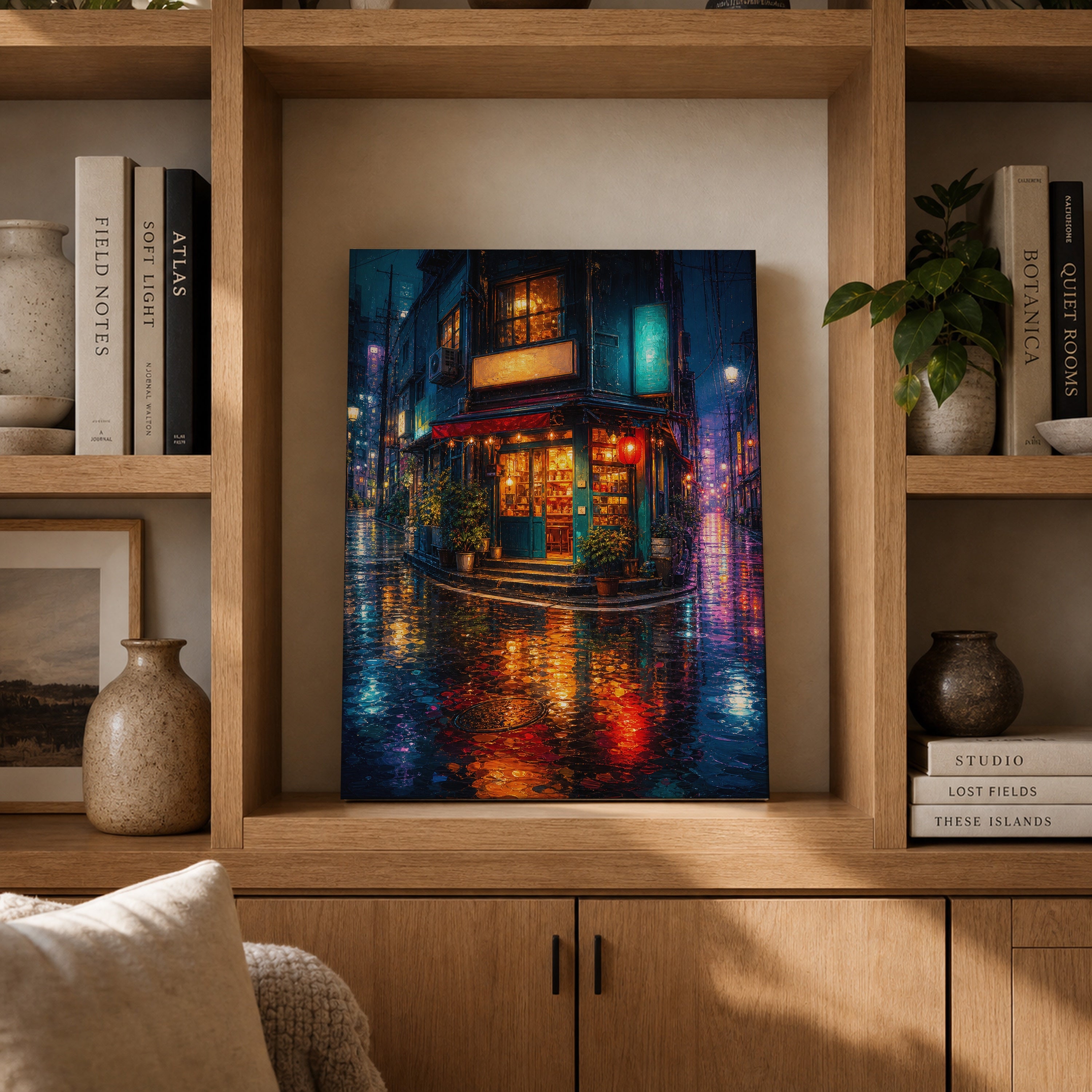 Rainy Neon Corner Restaurant canvas gallery shelf mockup by Seji Art