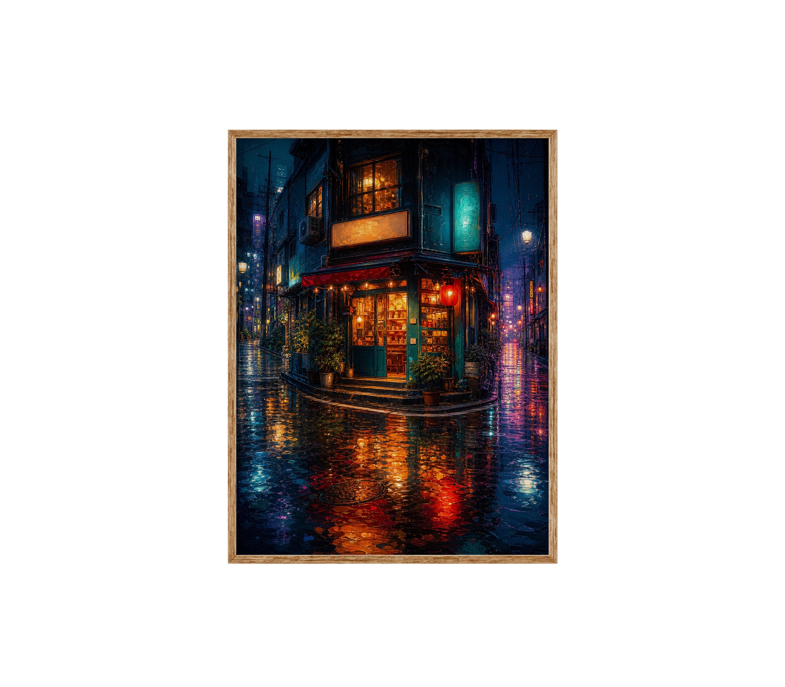 Rainy Neon Corner Restaurant poster print preview by Seji Art