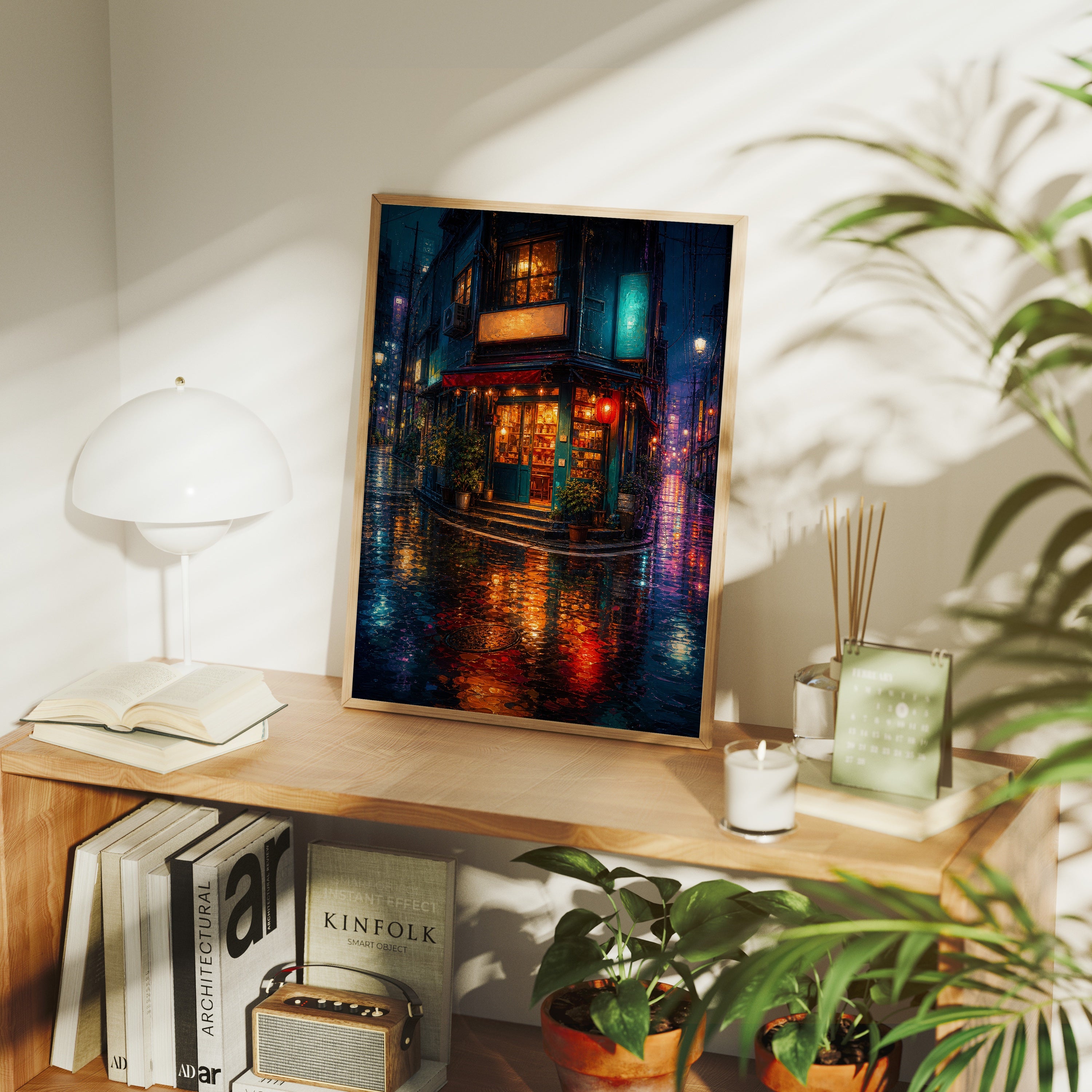 Rainy Neon Corner Restaurant poster framed room mockup by Seji Art
