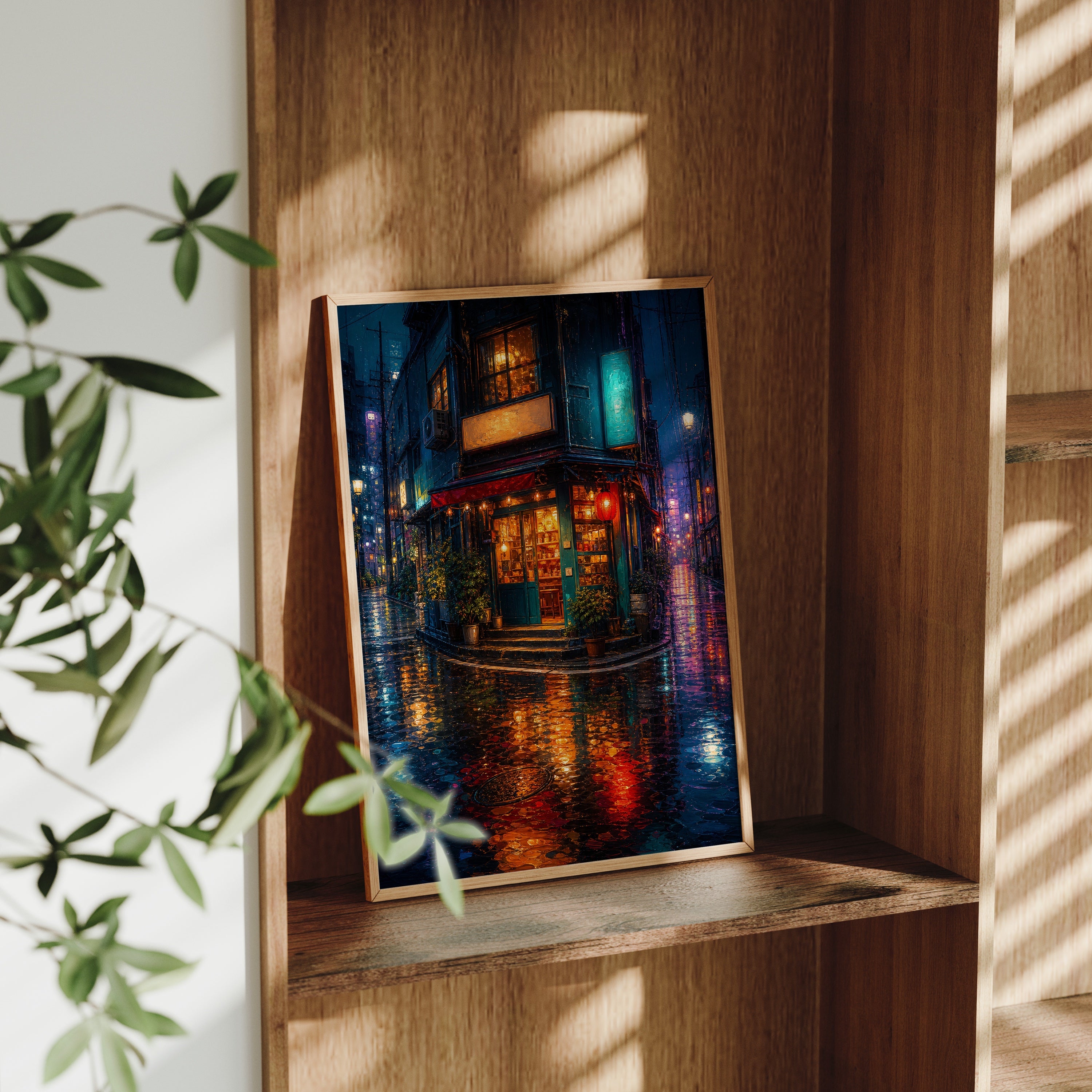 Rainy Neon Corner Restaurant poster gallery shelf mockup by Seji Art