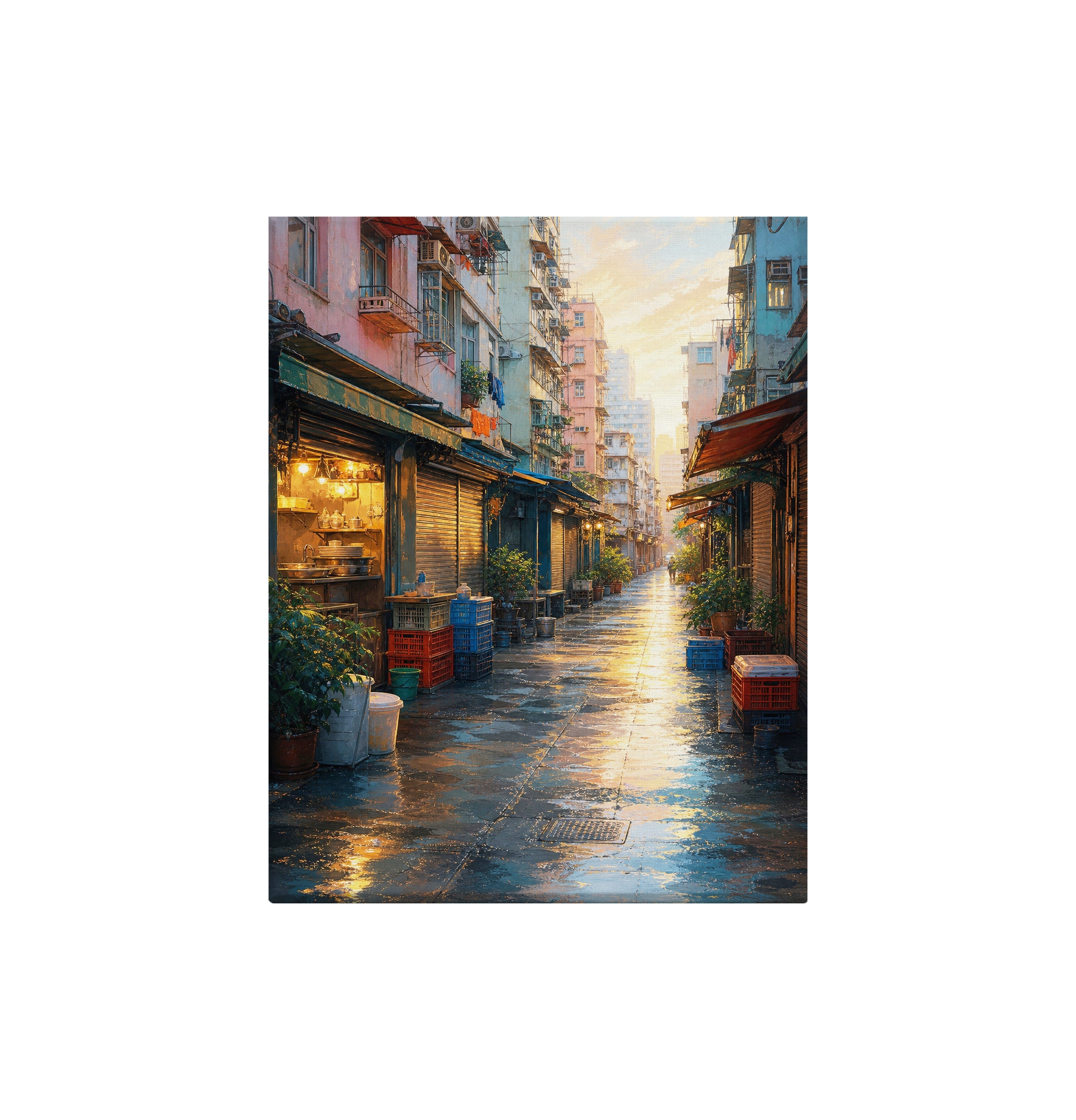 Rainy Old Town Alley Morning canvas wall art preview by Seji Art