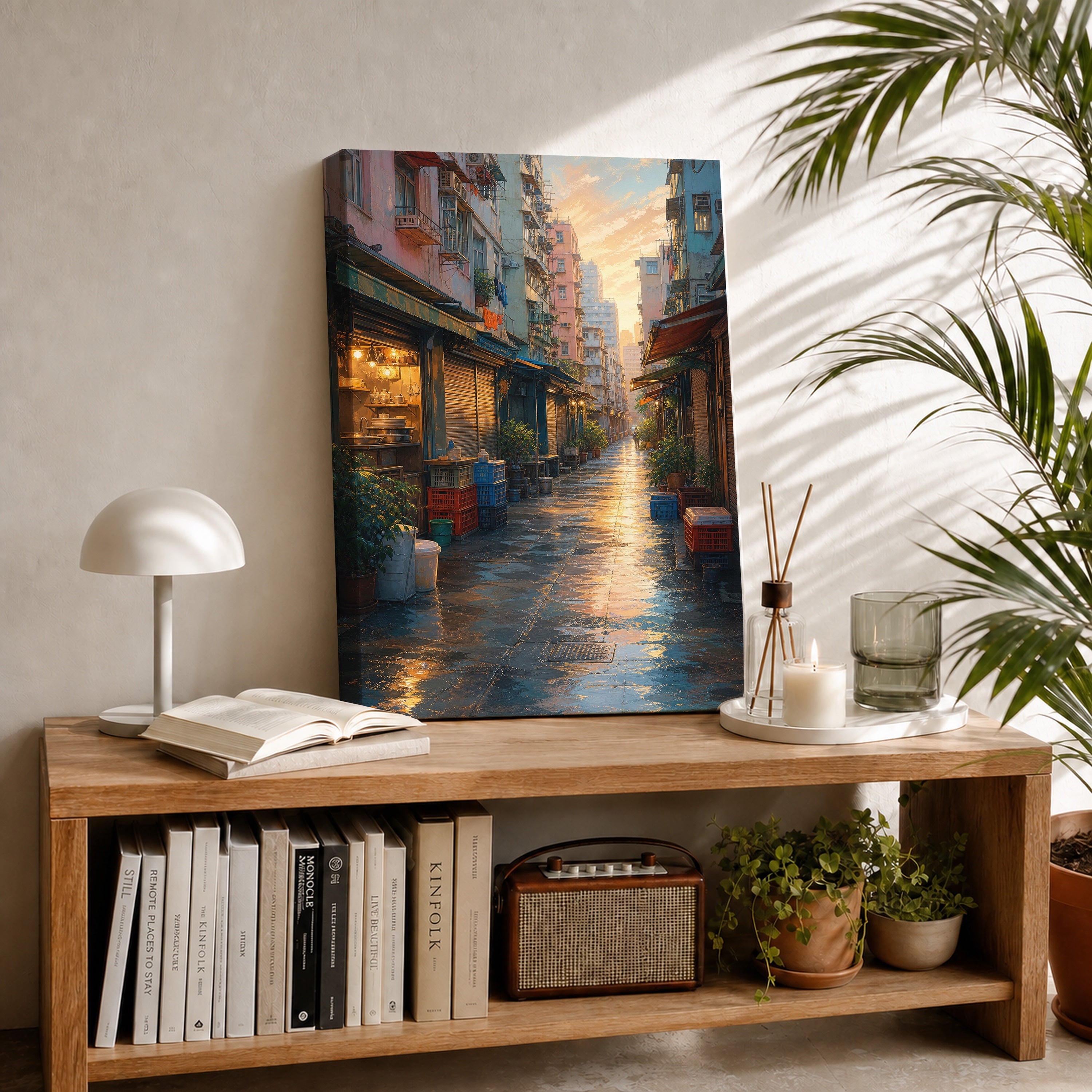 Rainy Old Town Alley Morning canvas room mockup by Seji Art
