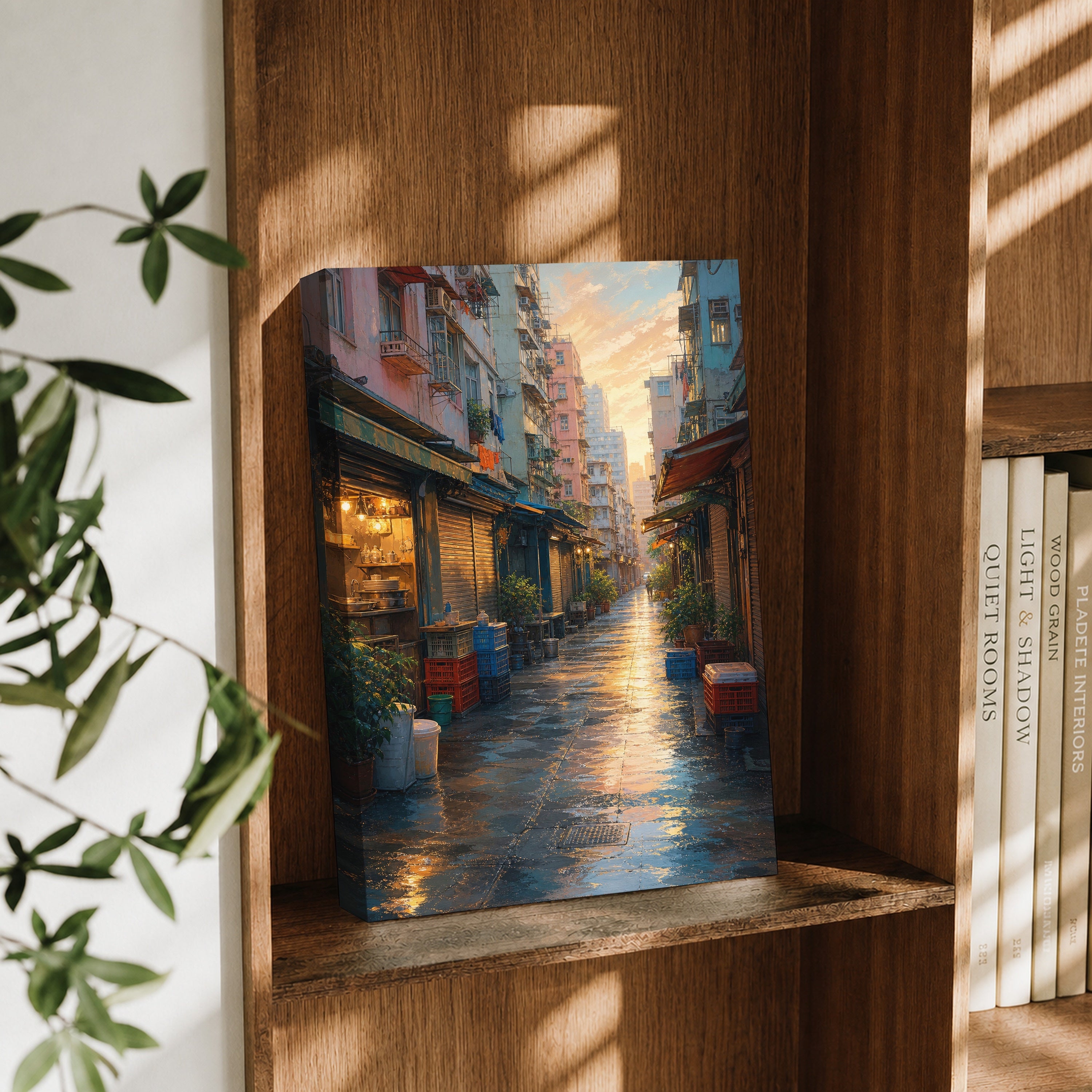 Rainy Old Town Alley Morning canvas wall art decor mockup by Seji Art
