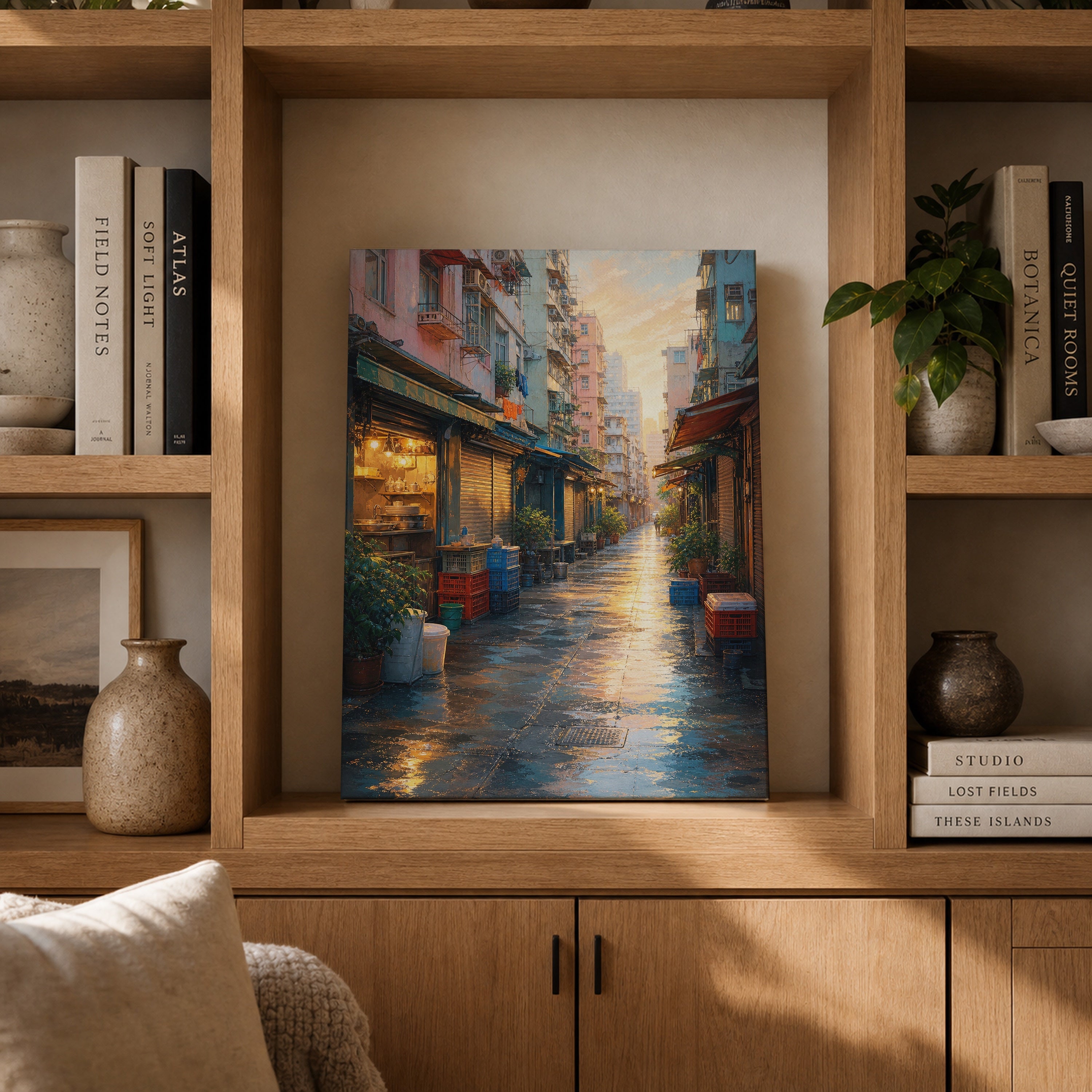 Rainy Old Town Alley Morning canvas gallery shelf mockup by Seji Art