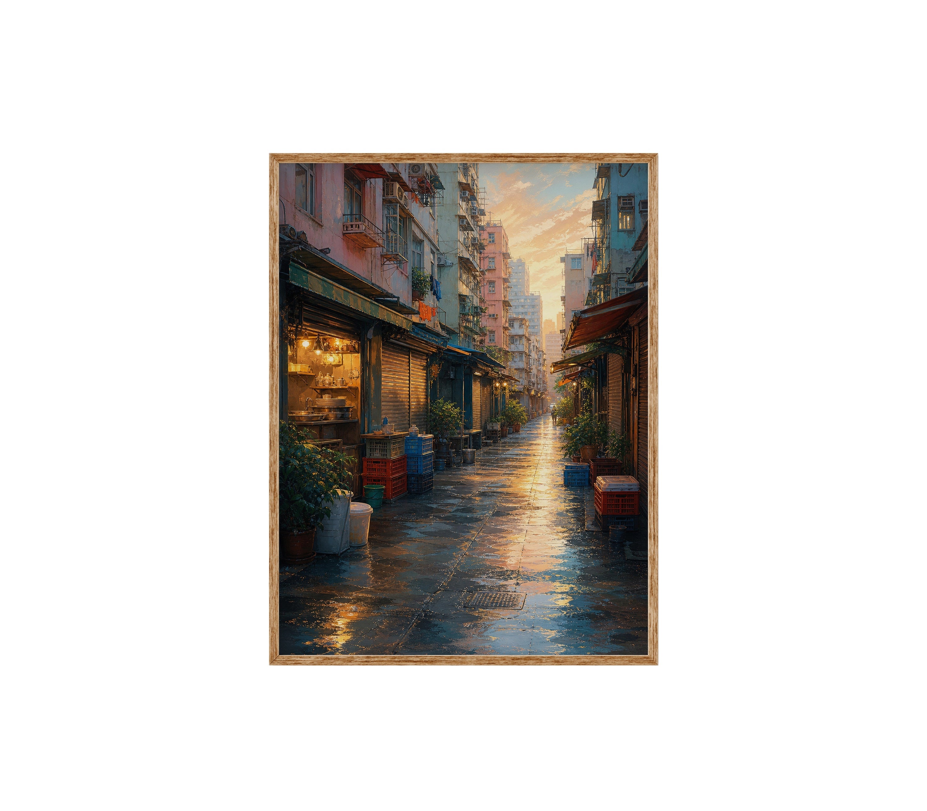 Rainy Old Town Alley Morning poster print preview by Seji Art