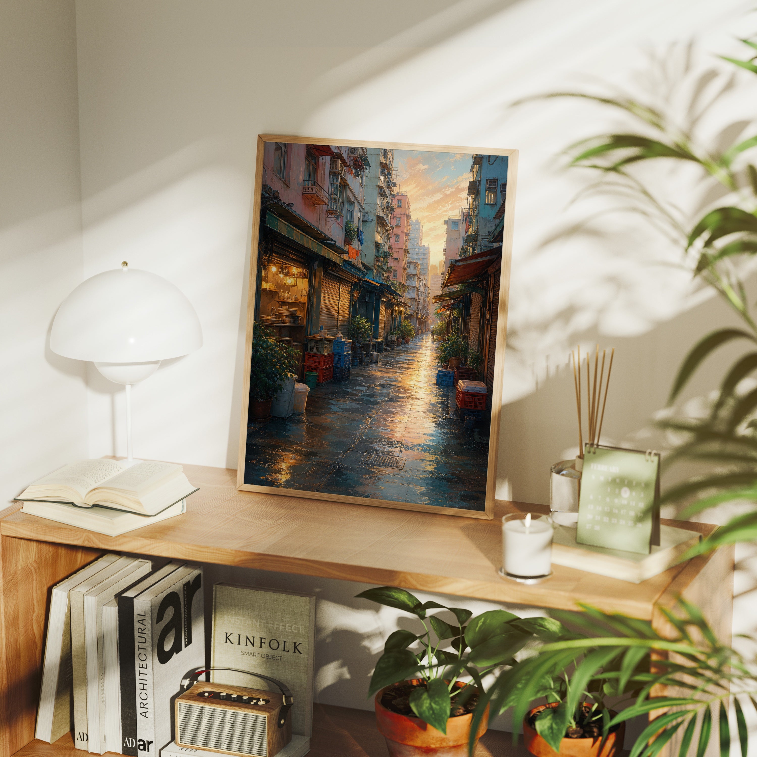 Rainy Old Town Alley Morning poster framed room mockup by Seji Art