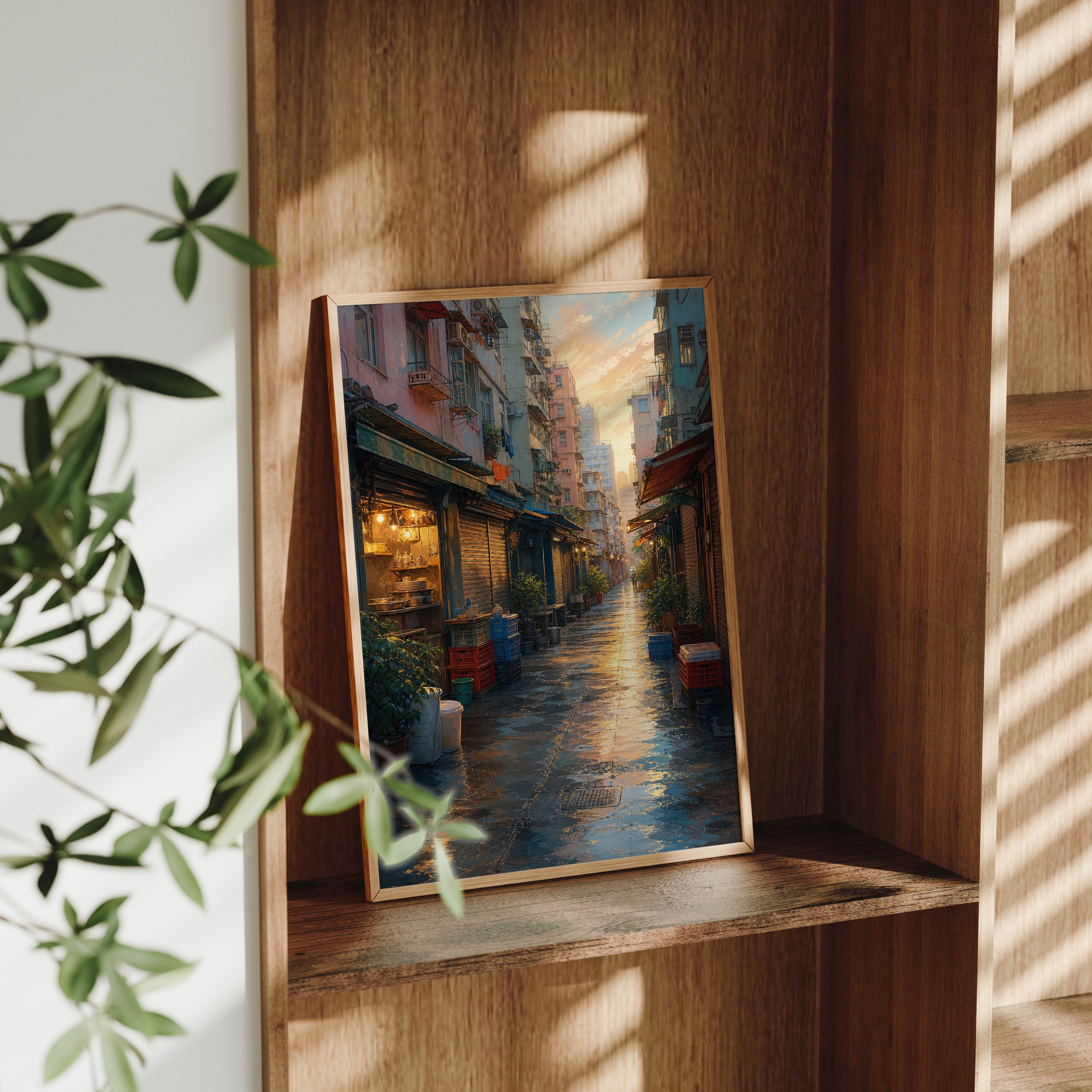 Rainy Old Town Alley Morning poster gallery shelf mockup by Seji Art