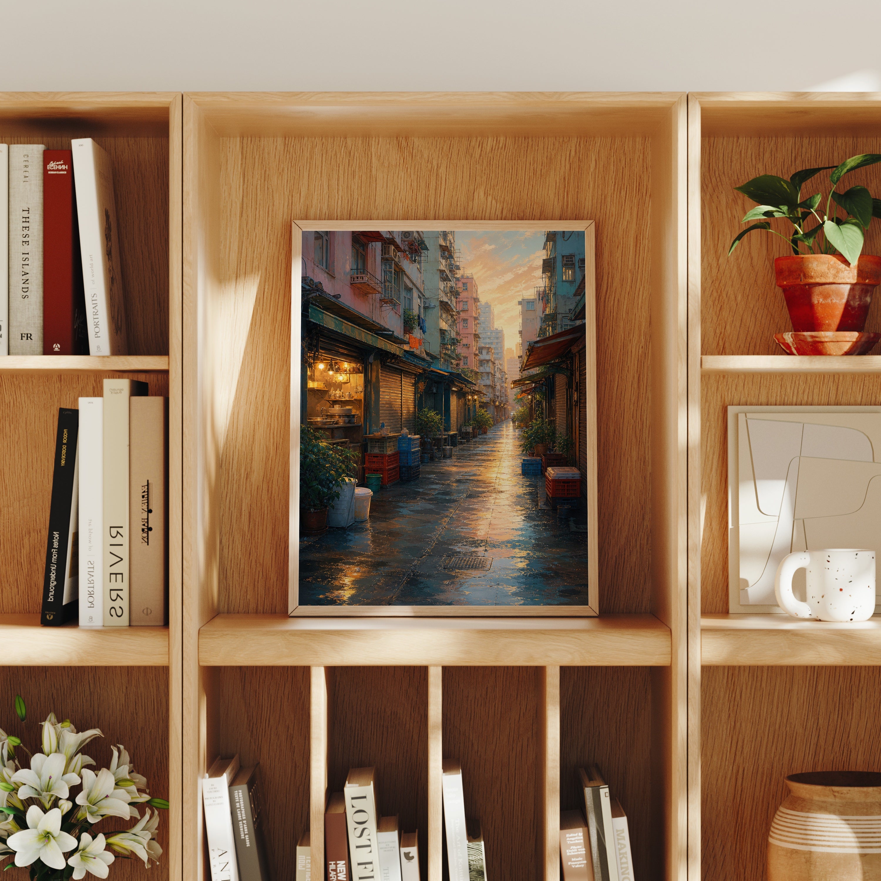 Rainy Old Town Alley Morning poster home decor mockup by Seji Art