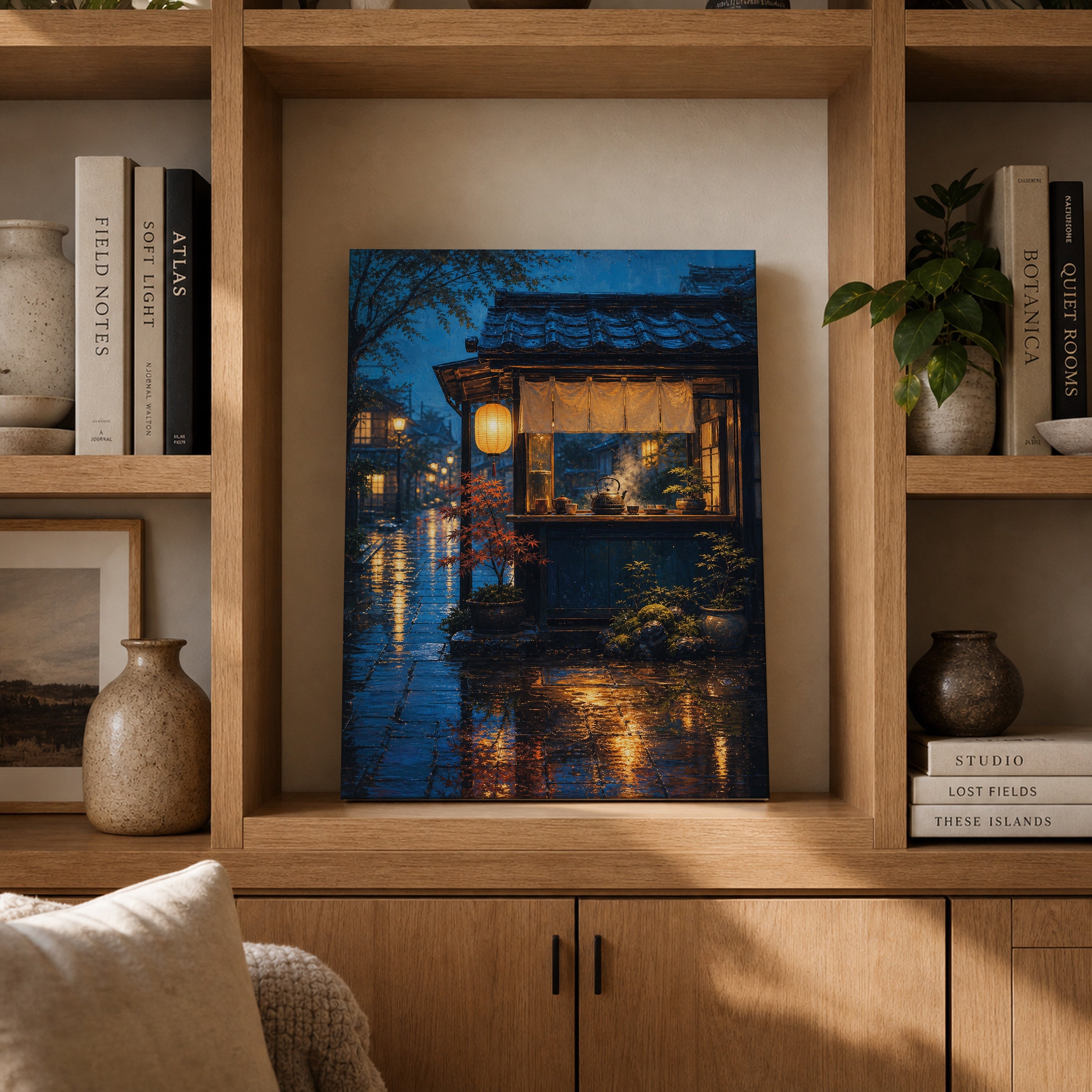 Rainy Paris Corner Cafe canvas gallery shelf mockup by Seji Art