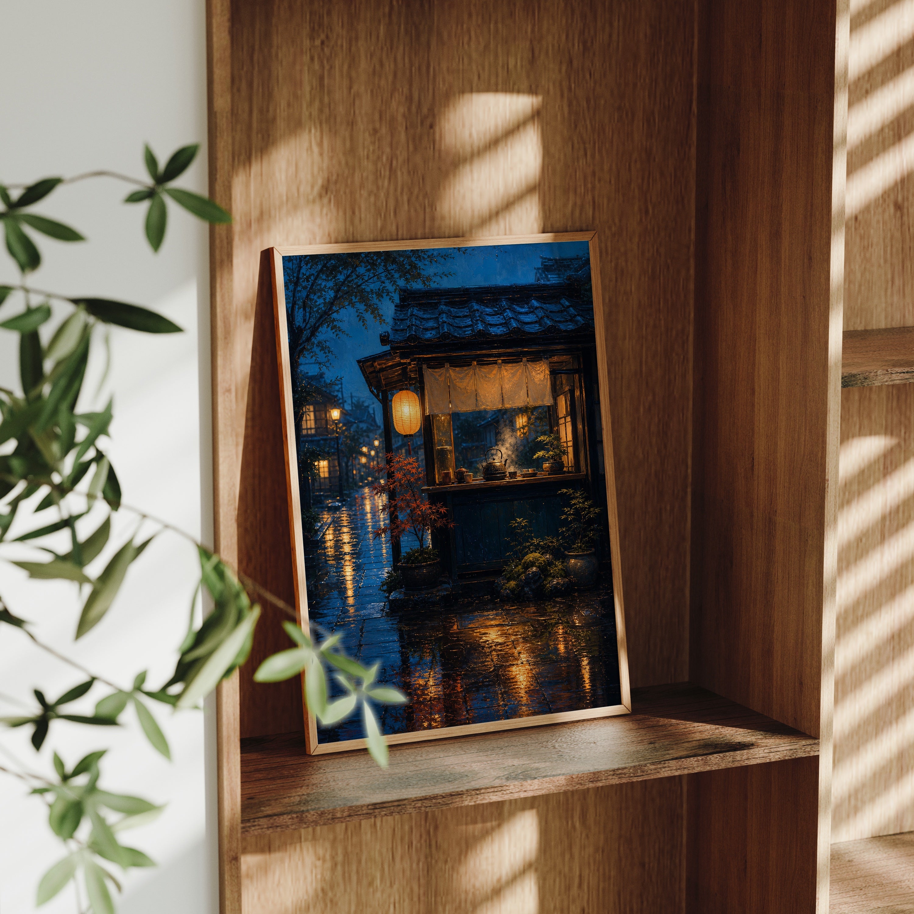 Rainy Paris Corner Cafe poster gallery shelf mockup by Seji Art