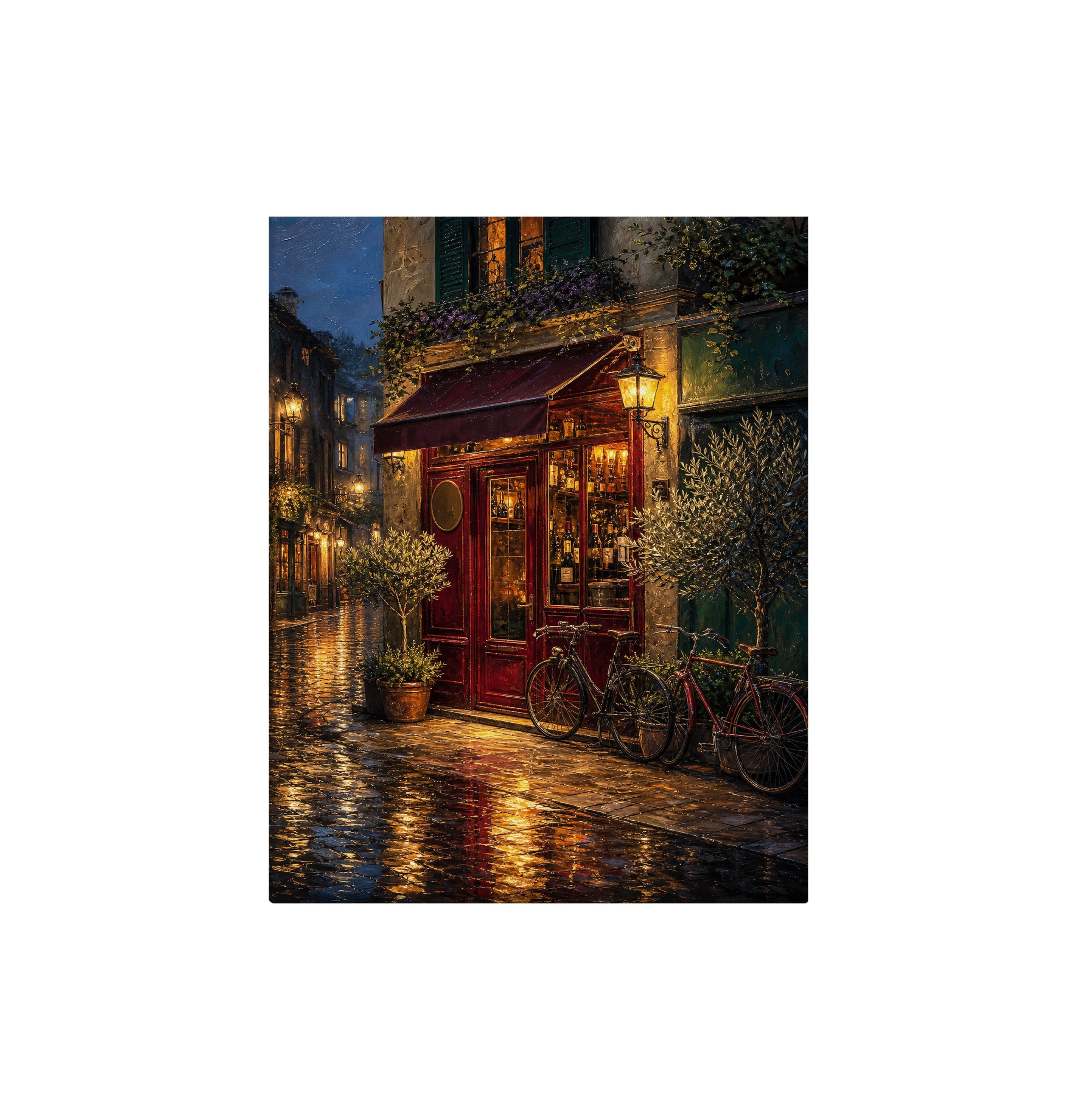 Rainy Red Awning Bistro canvas wall art preview by Seji Art