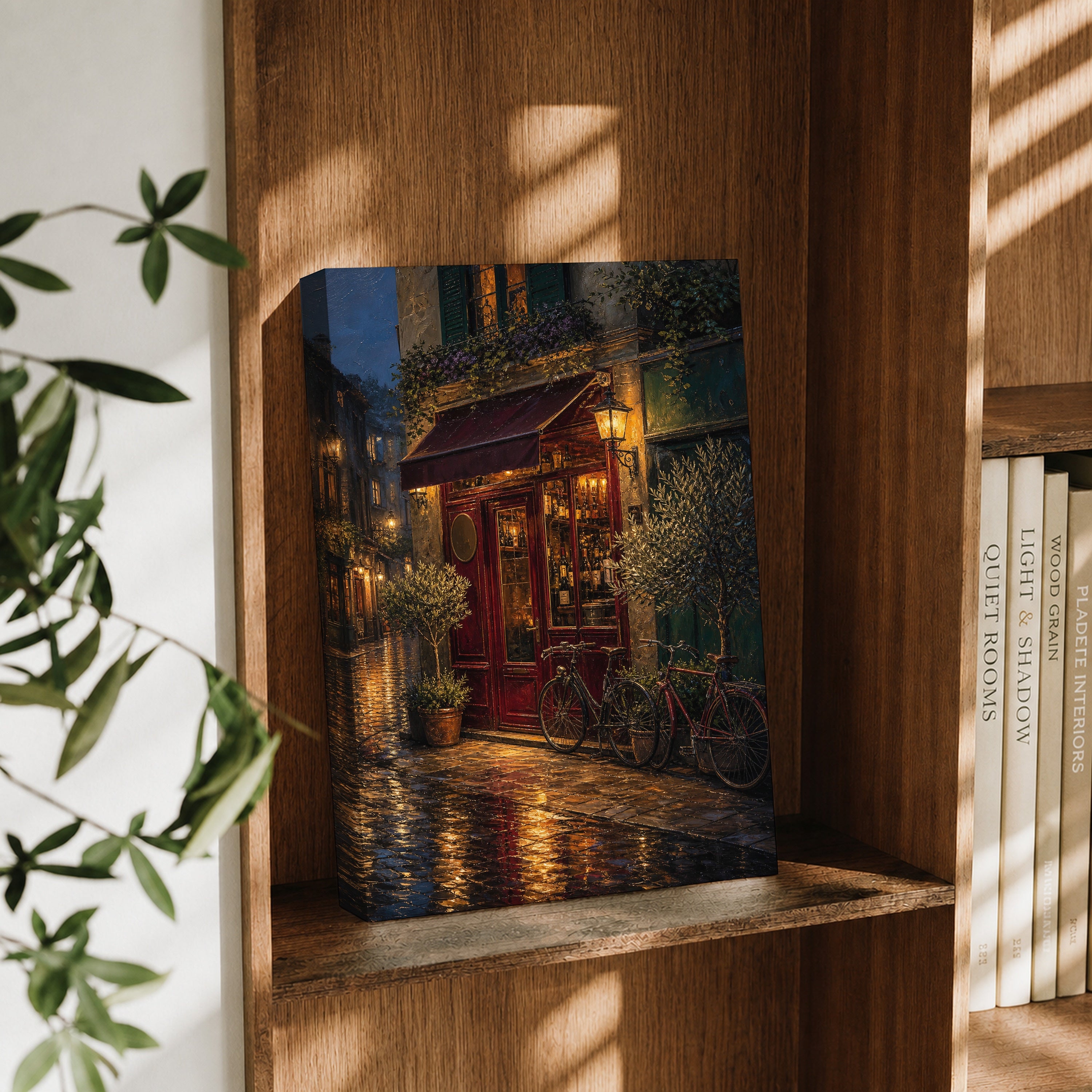 Rainy Red Awning Bistro canvas wall art decor mockup by Seji Art