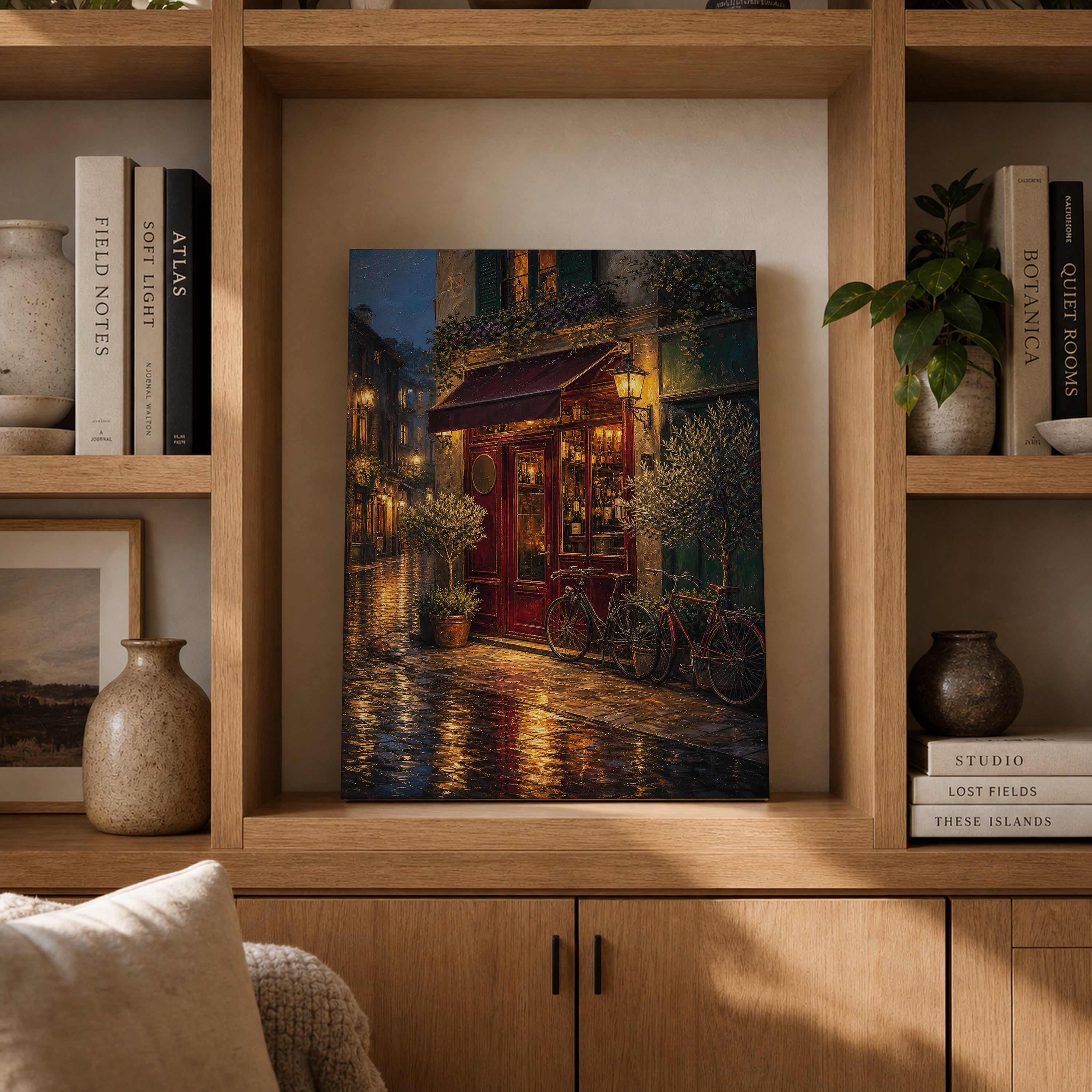 Rainy Red Awning Bistro canvas gallery shelf mockup by Seji Art